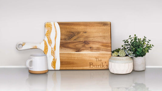 white and gold cheese board in kitchen