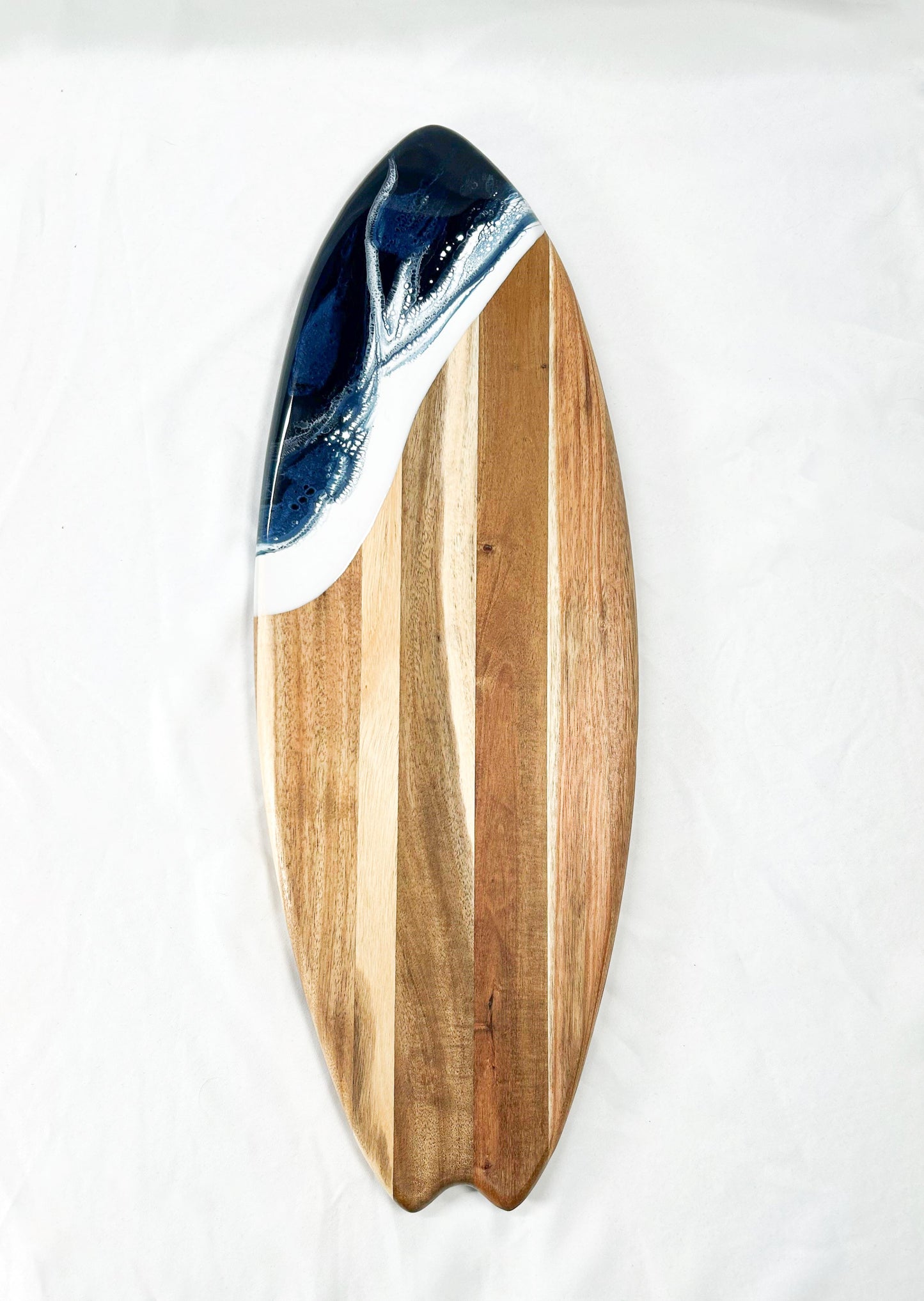 Resin-Accented Surfboard Shaped Charcuterie Boards