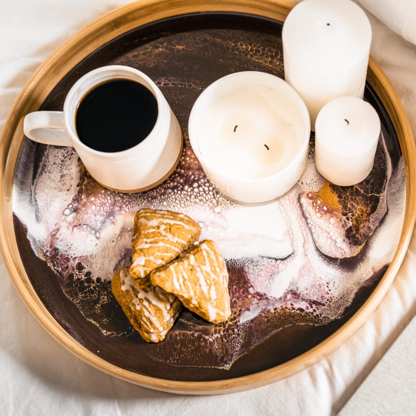 bamboo round tray accented with resin