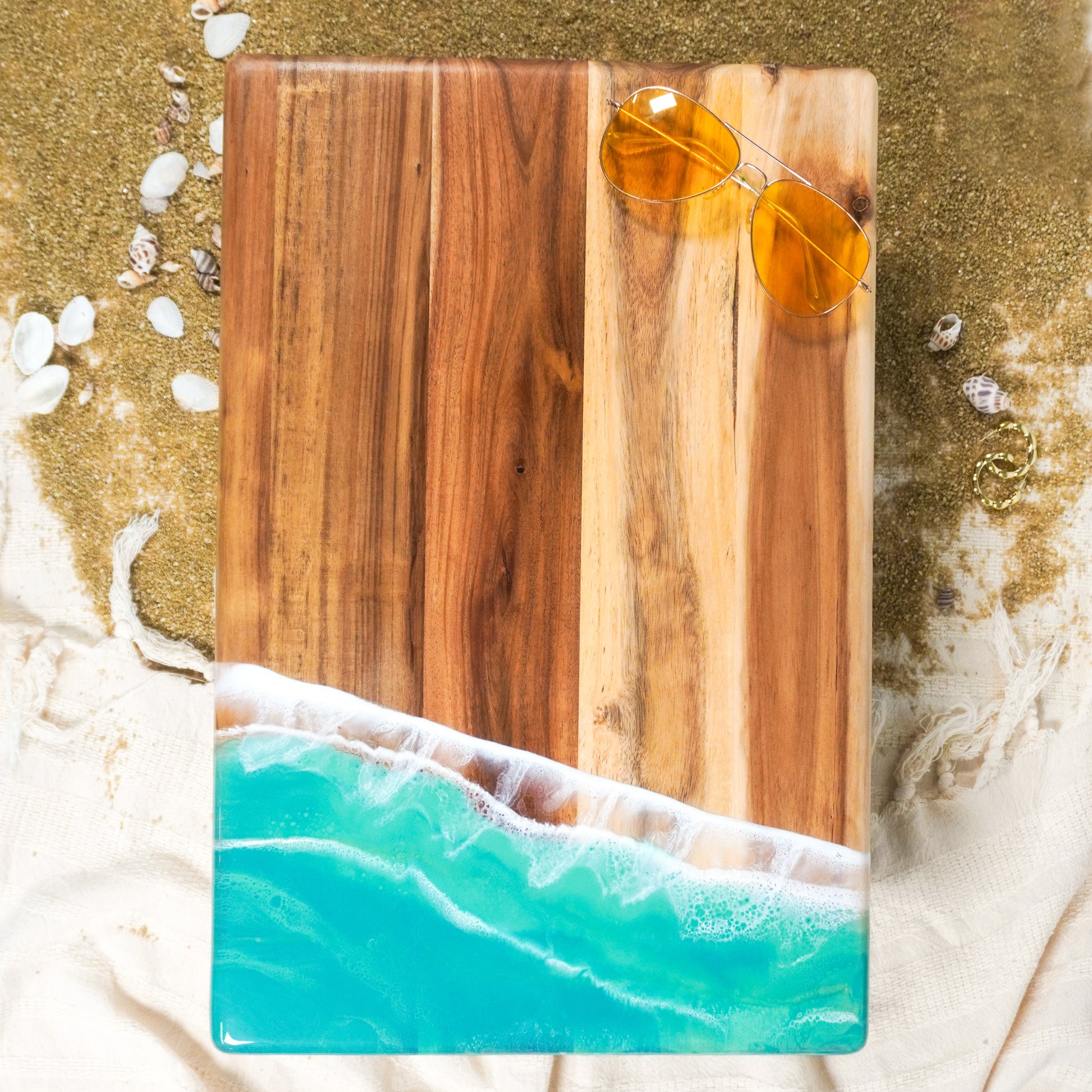 acacia bread board accented with resin
