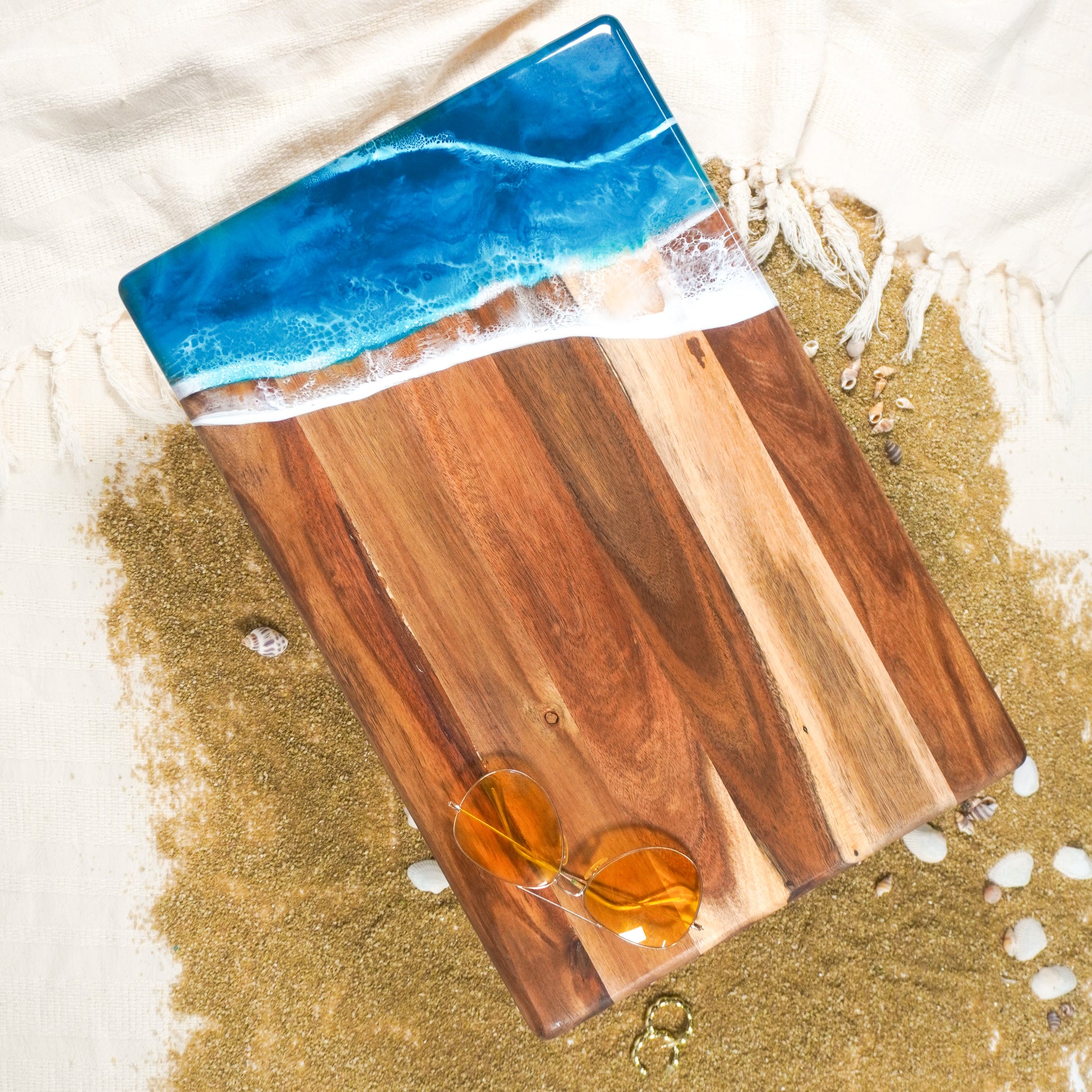 acacia bread board accented with resin