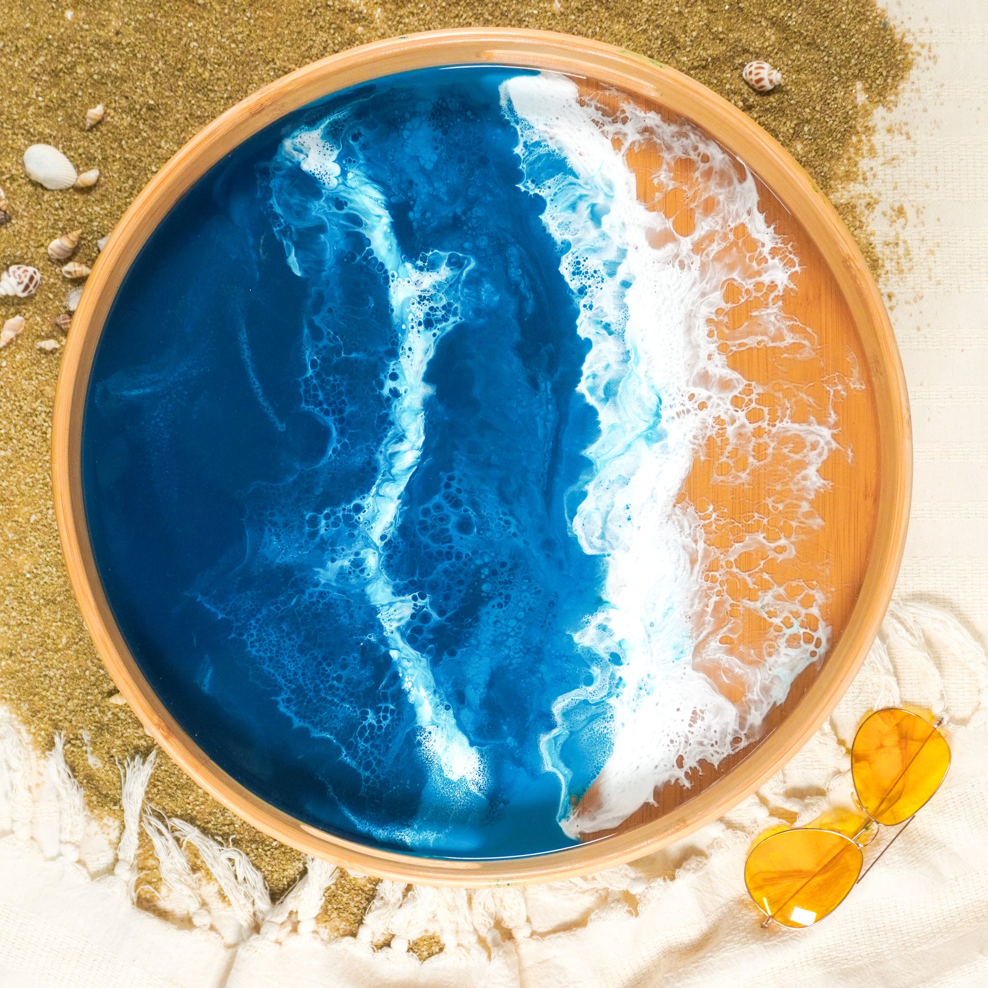 bamboo round tray accented with resin