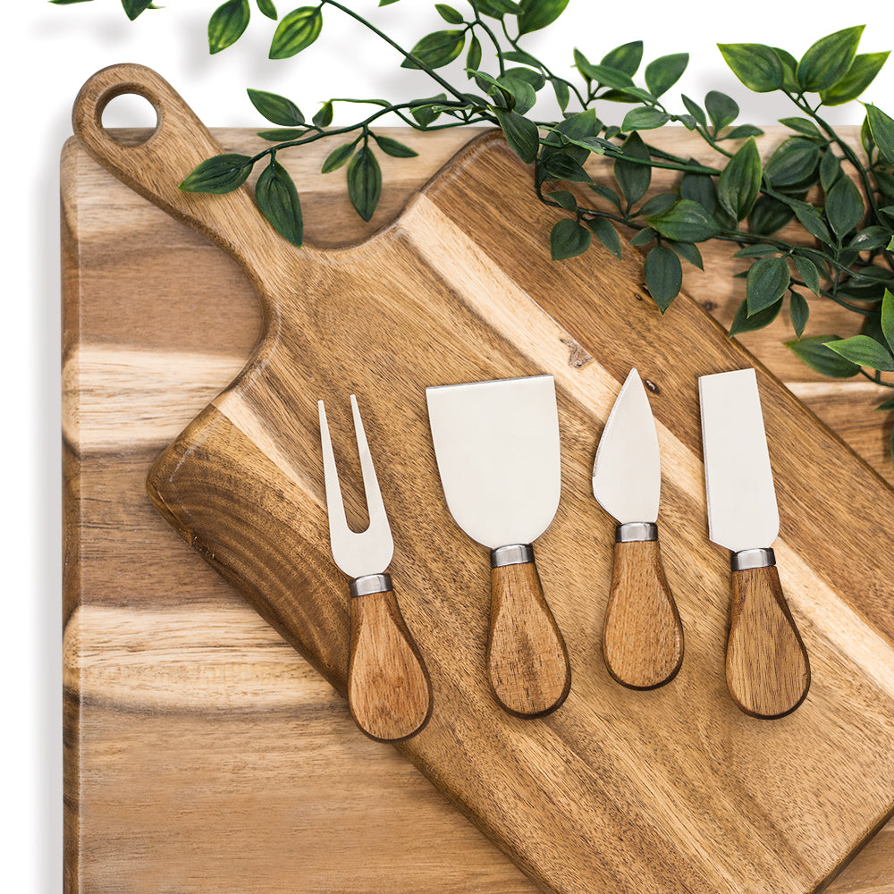 large cutting board with acacia cheese knives
