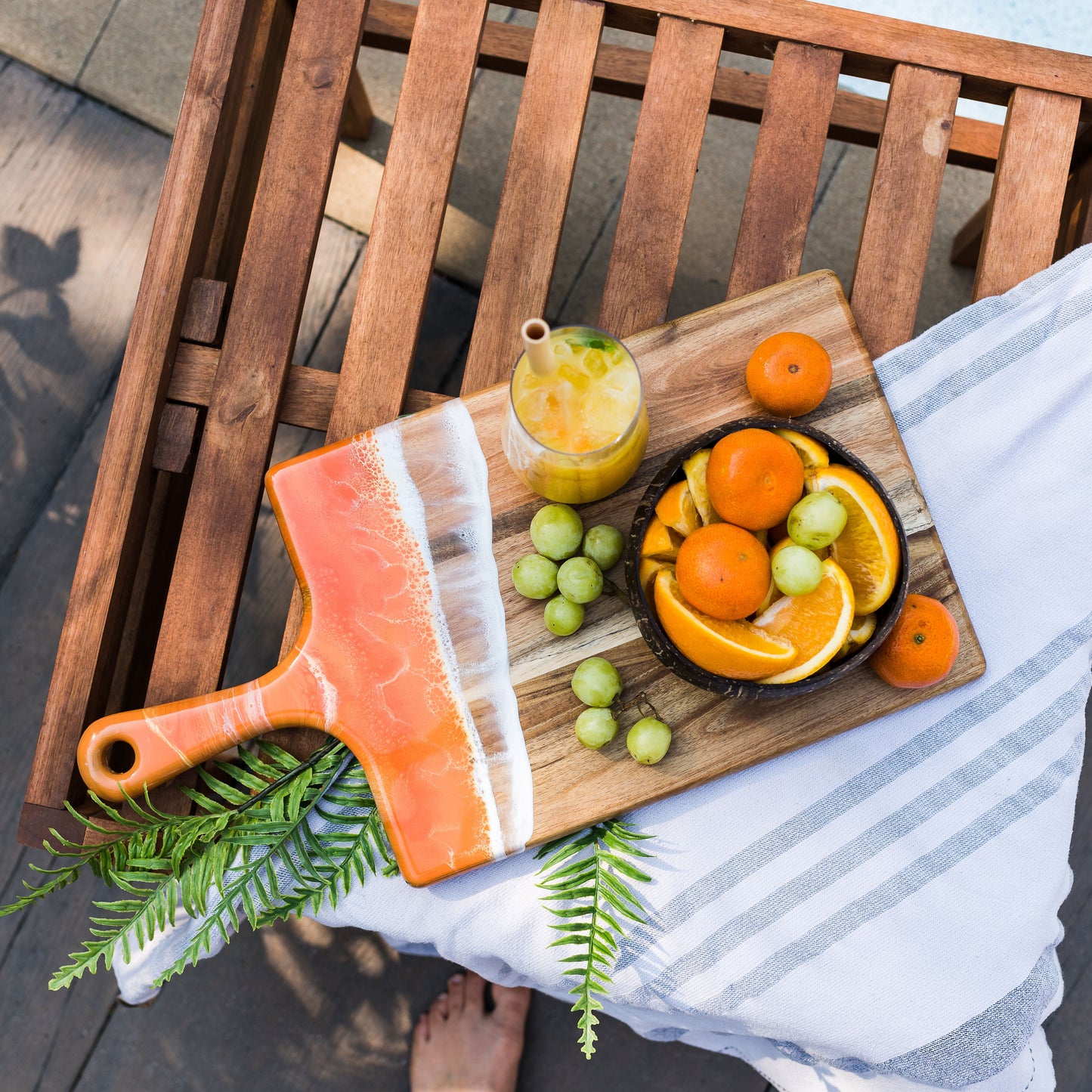 orange themed board accented with resin