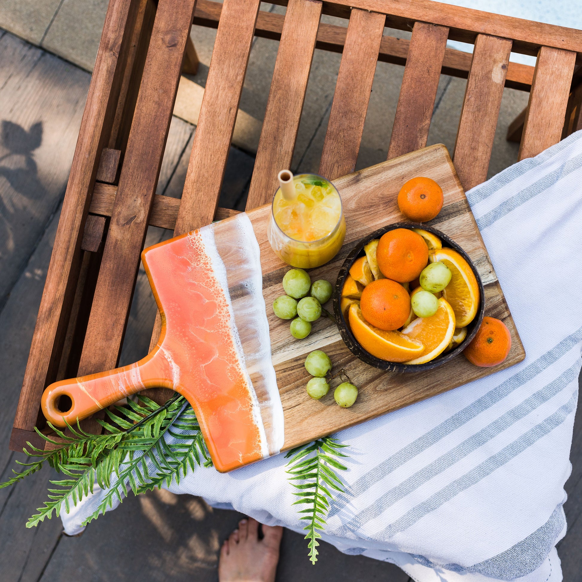 orange themed board accented with resin