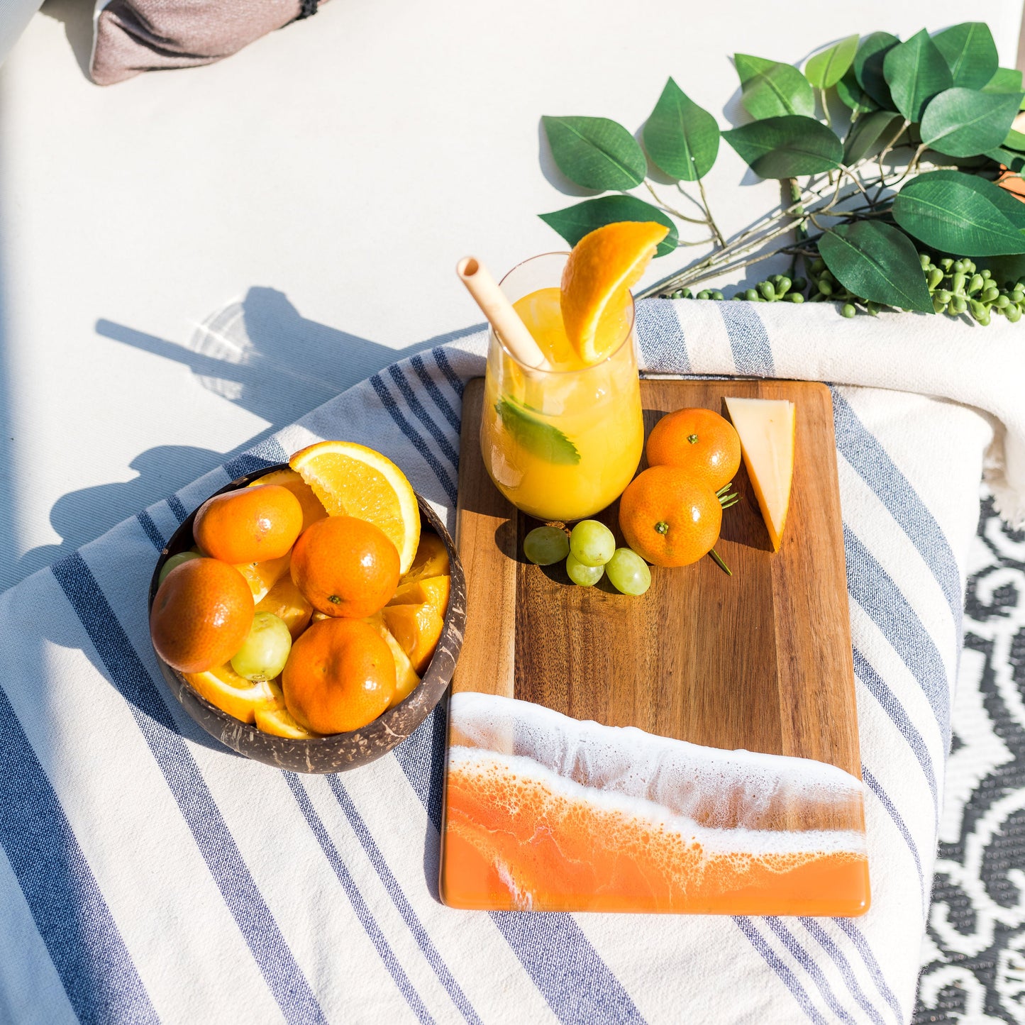 orange themed board accented with resin