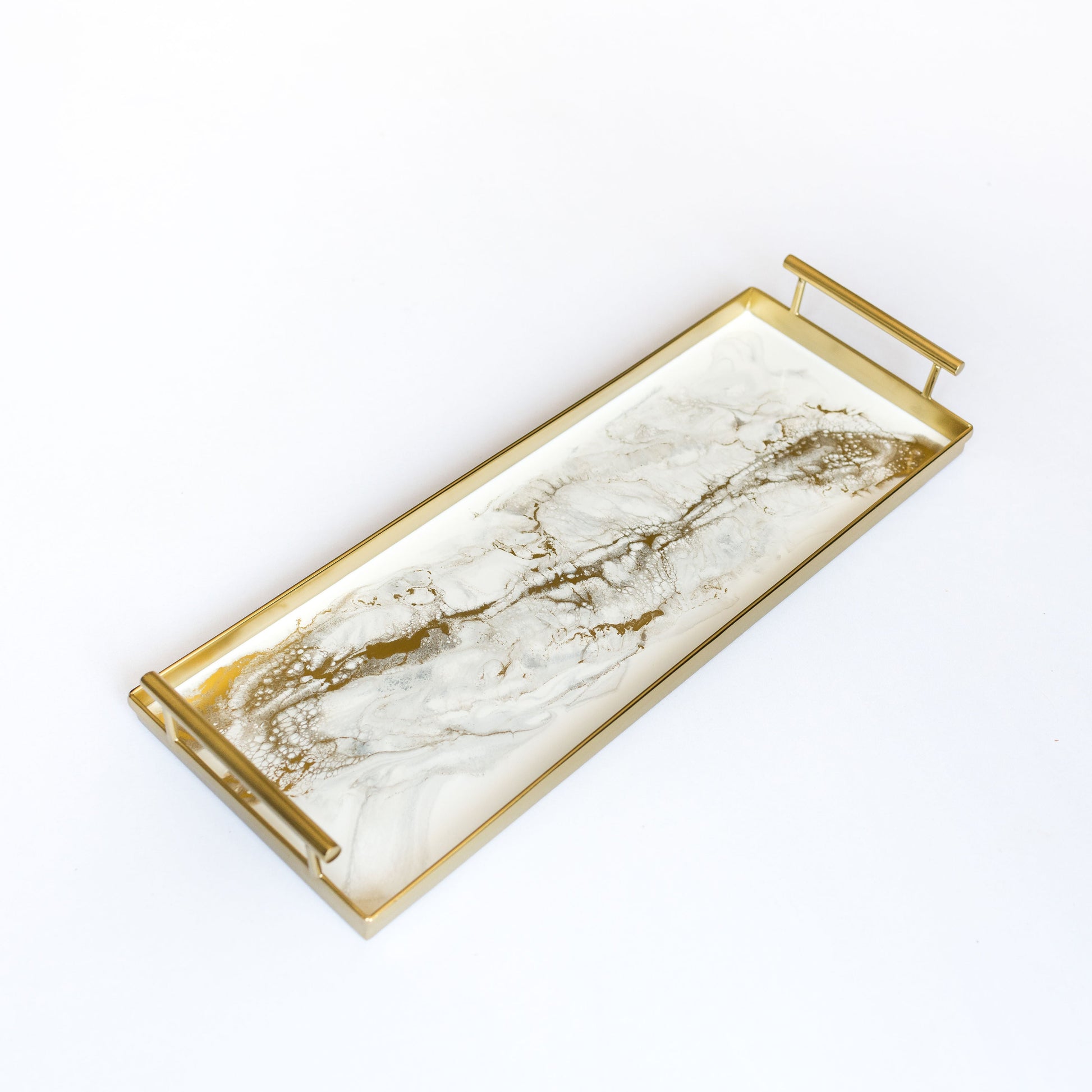 gold rectangle metal tray accented with resin