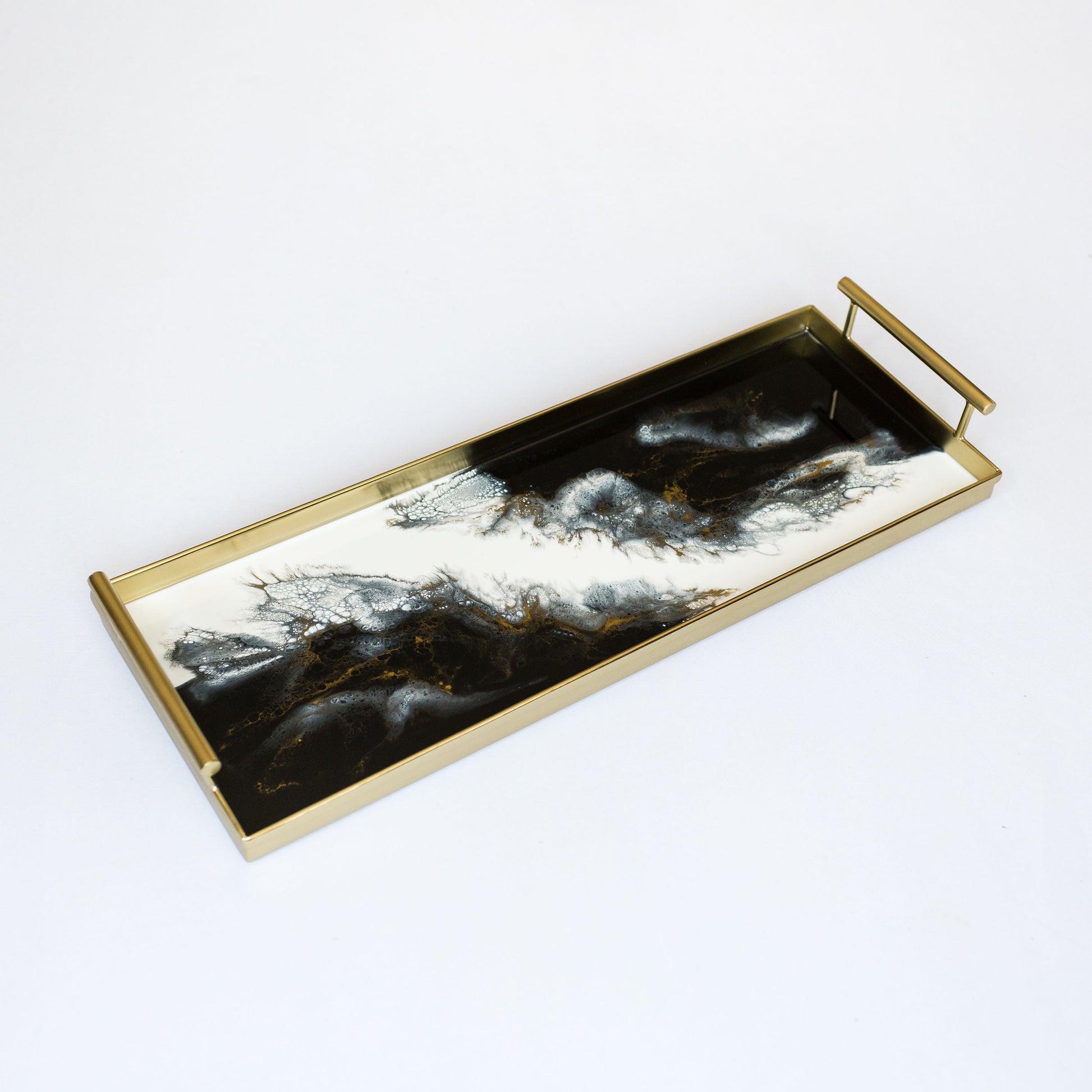gold rectangle metal tray accented with resin