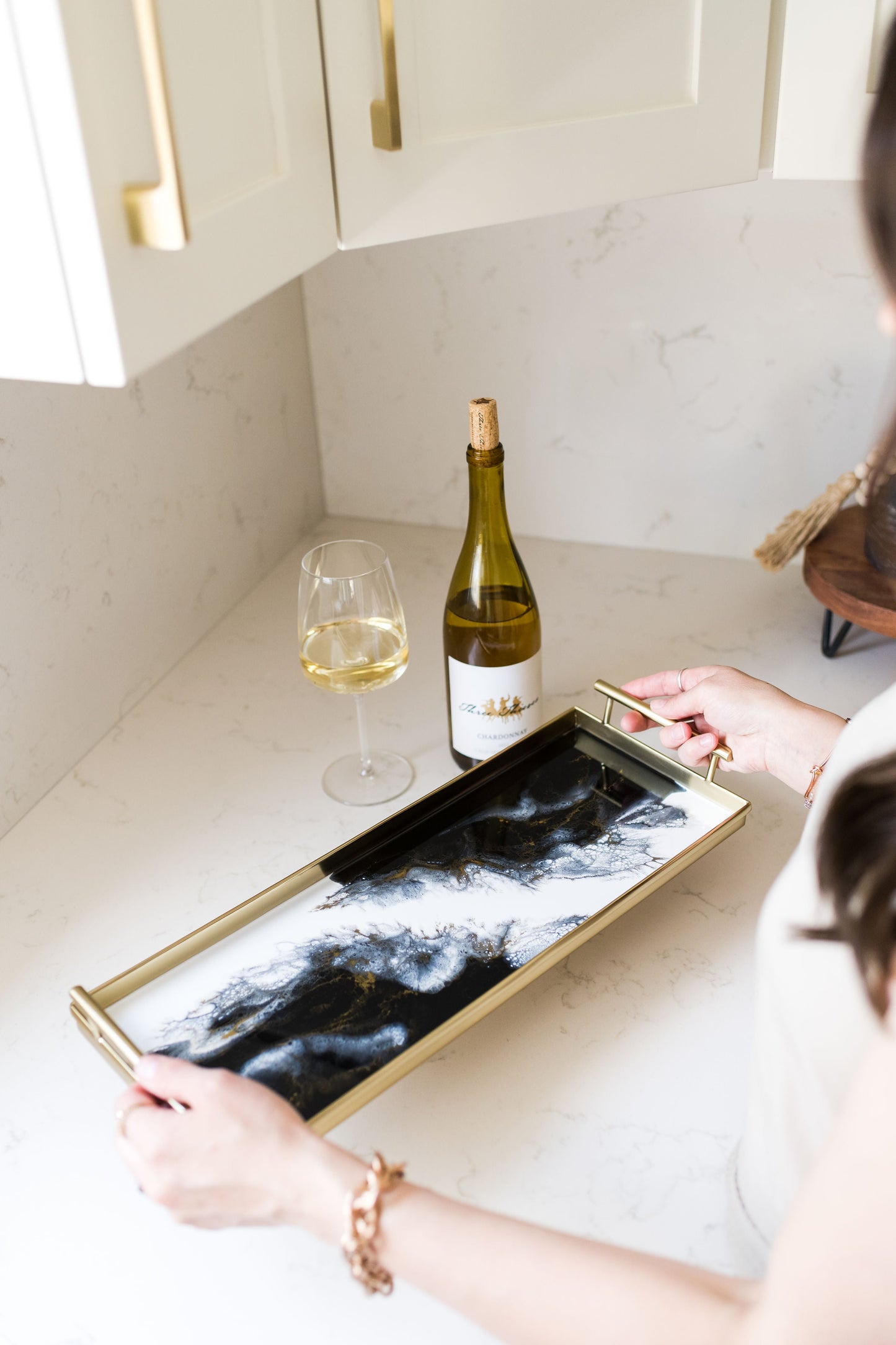 gold rectangle metal tray accented with resin