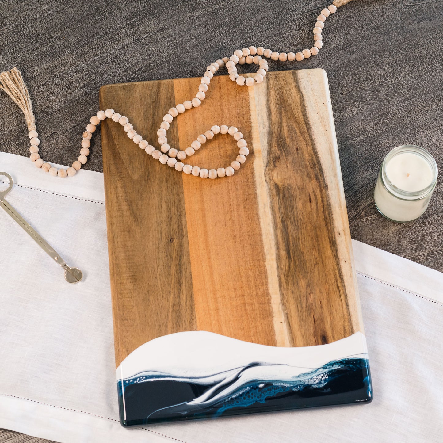 acacia bread board accented with resin