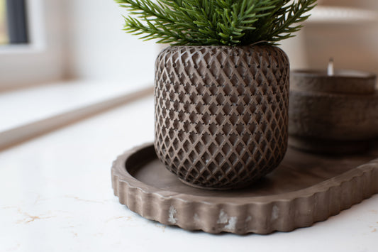 Lattice Vessel - Mocha Stone, with a small Christmas tree inside for decor