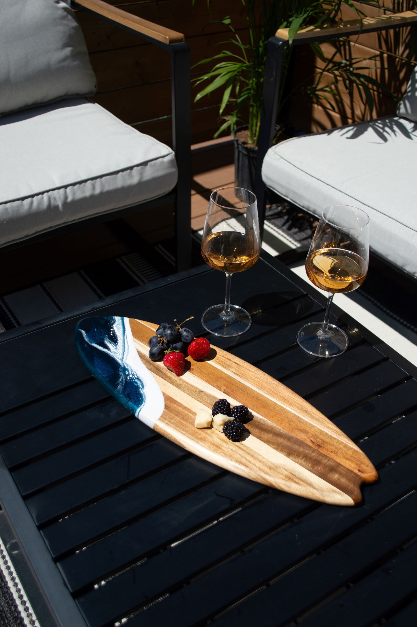 Resin-Accented Surfboard Shaped Charcuterie Boards