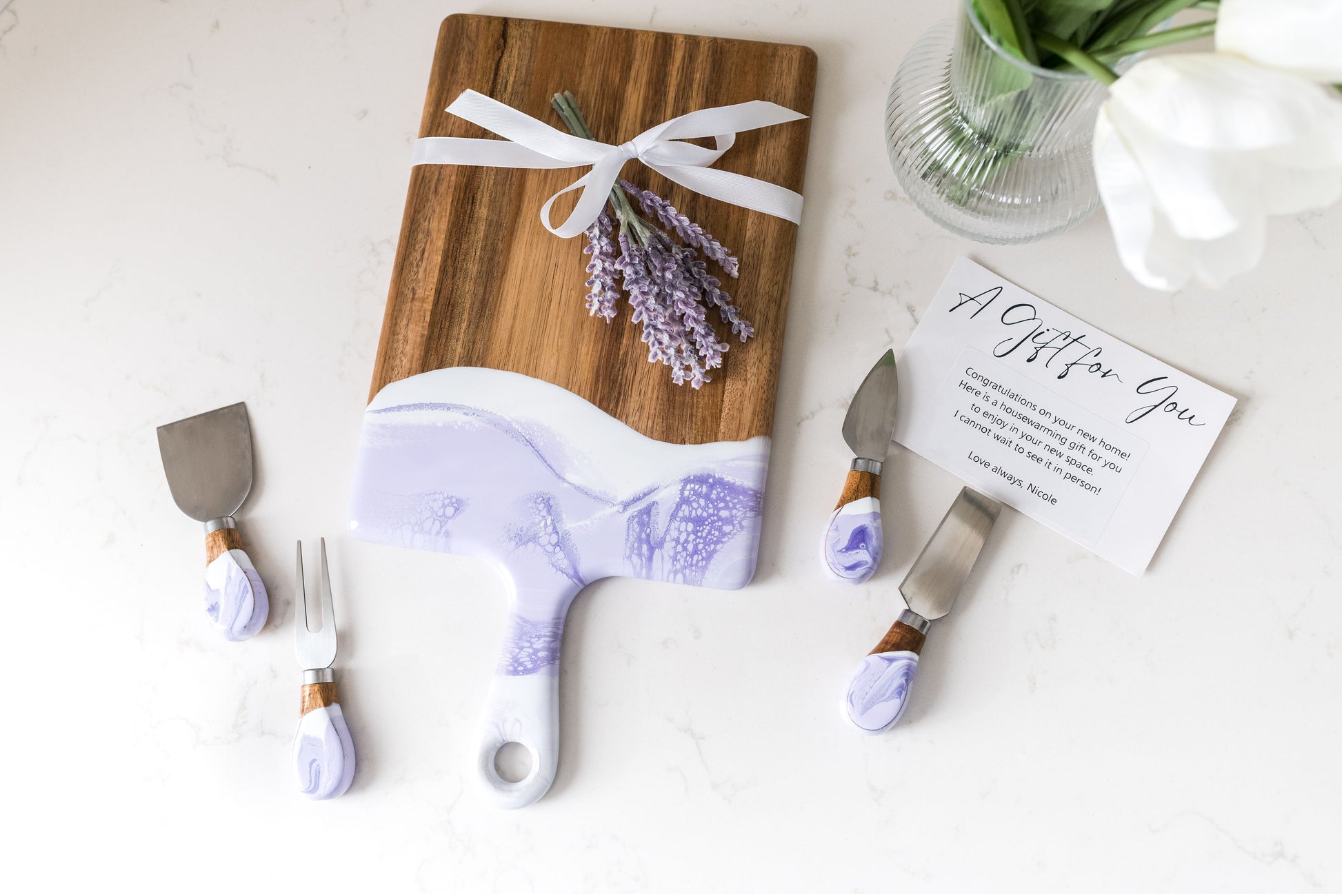Lavender board and resin accented knives