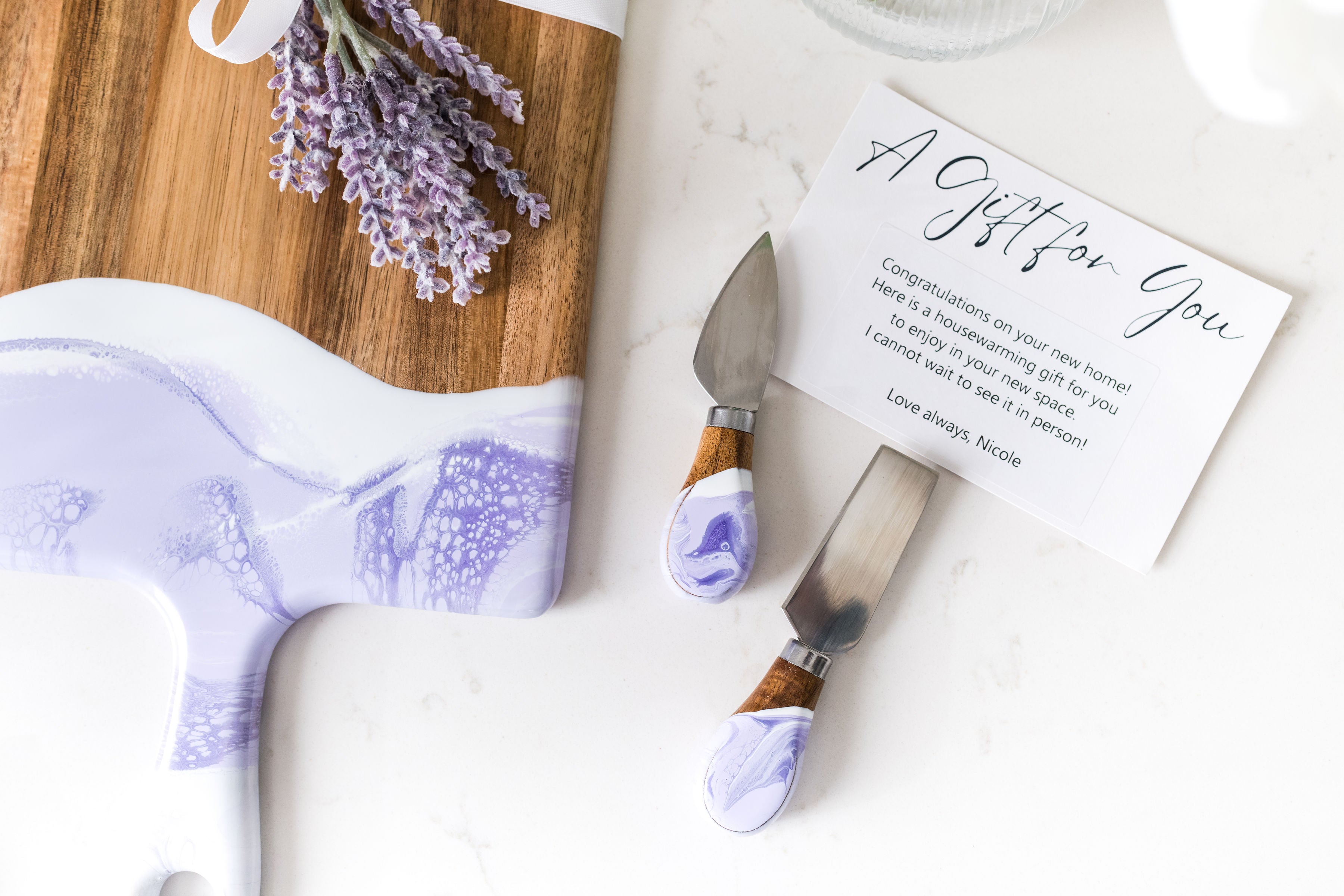Lavender Large Board with matching Resin Knives on Kitchen Counter