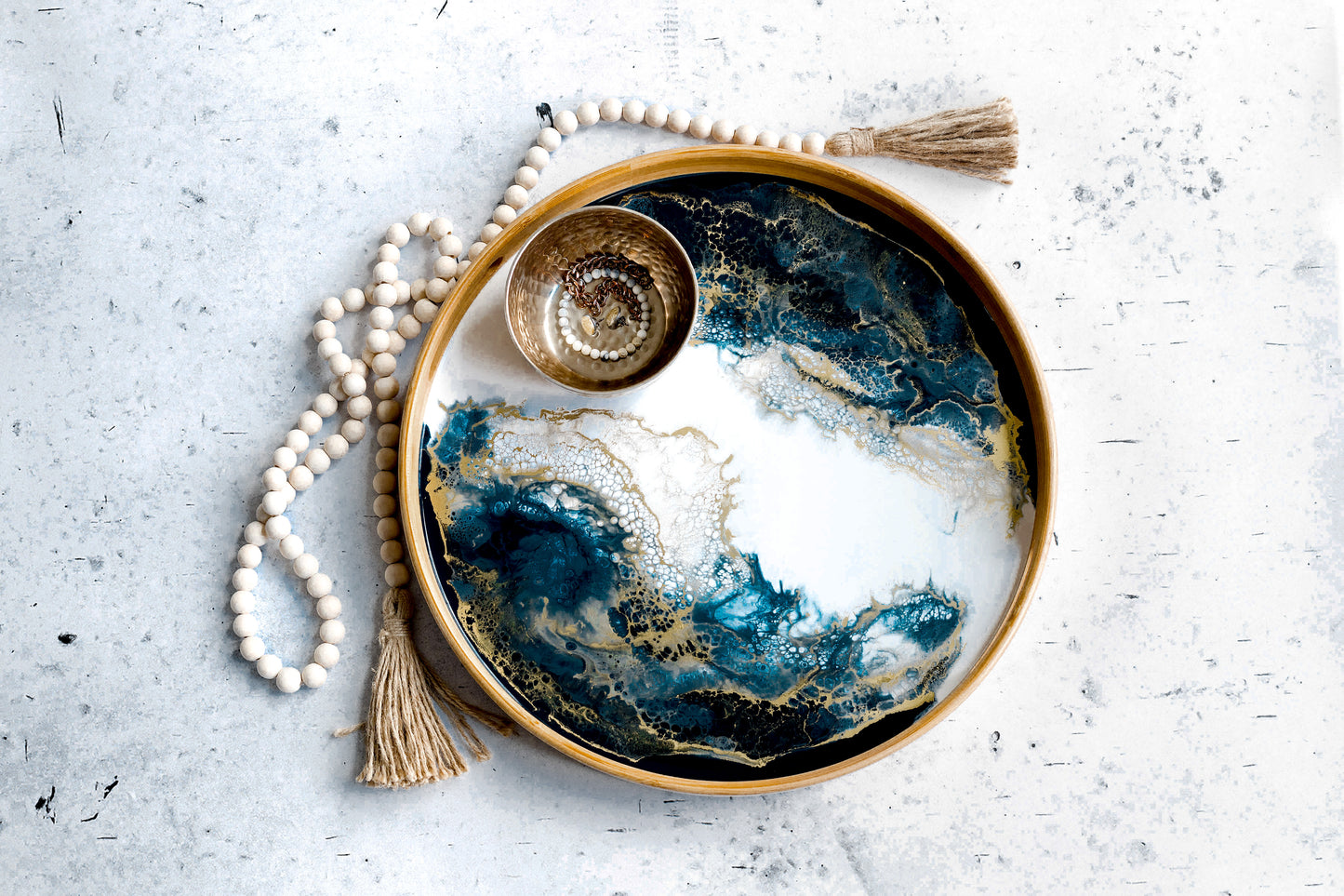 bamboo round tray accented with resin