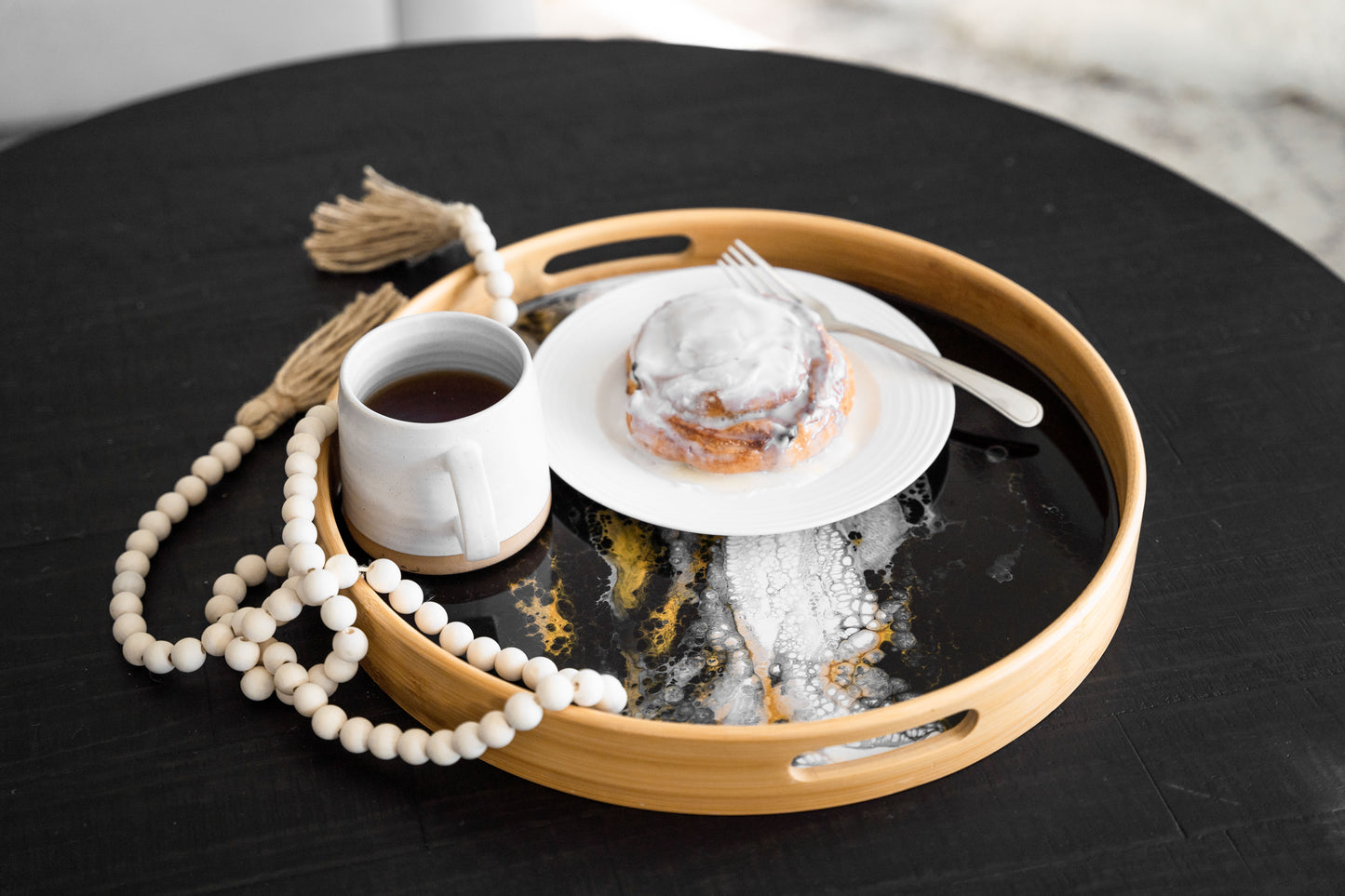 bamboo round tray accented with resin