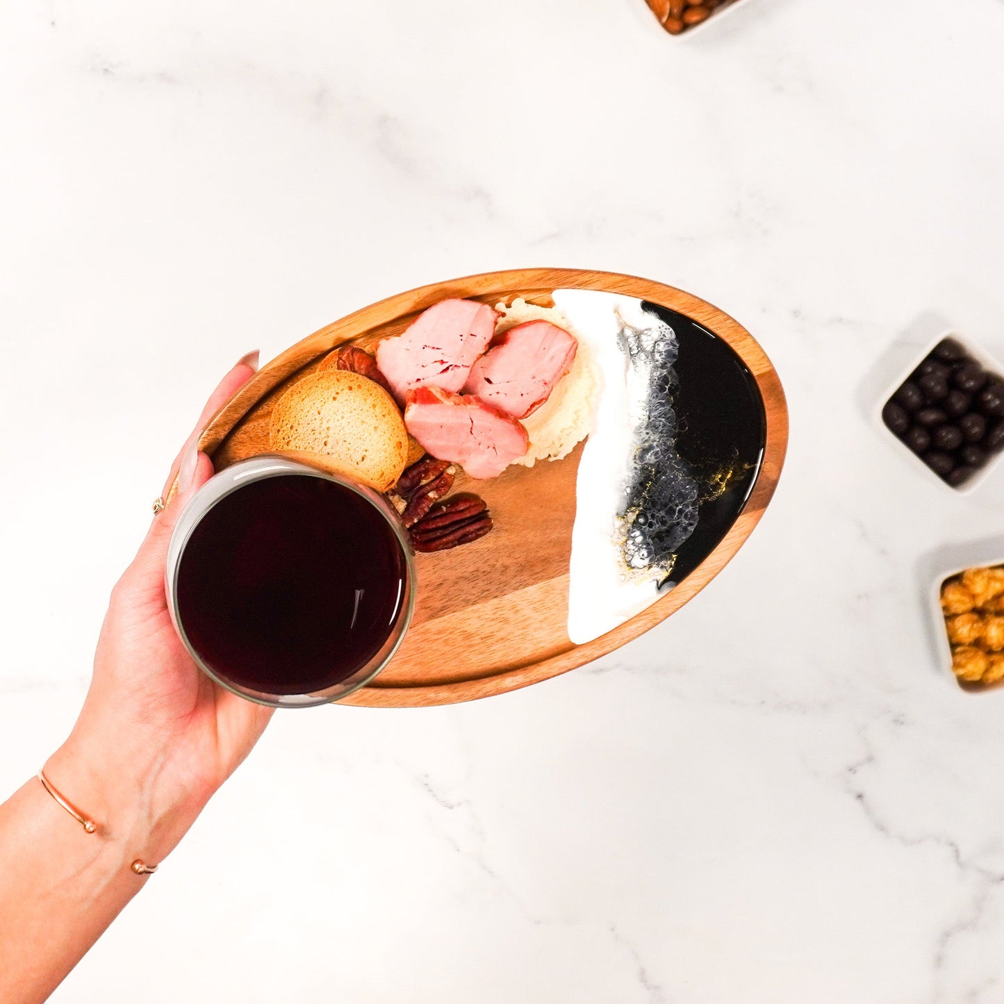 wine and appertizer tray accented with resin