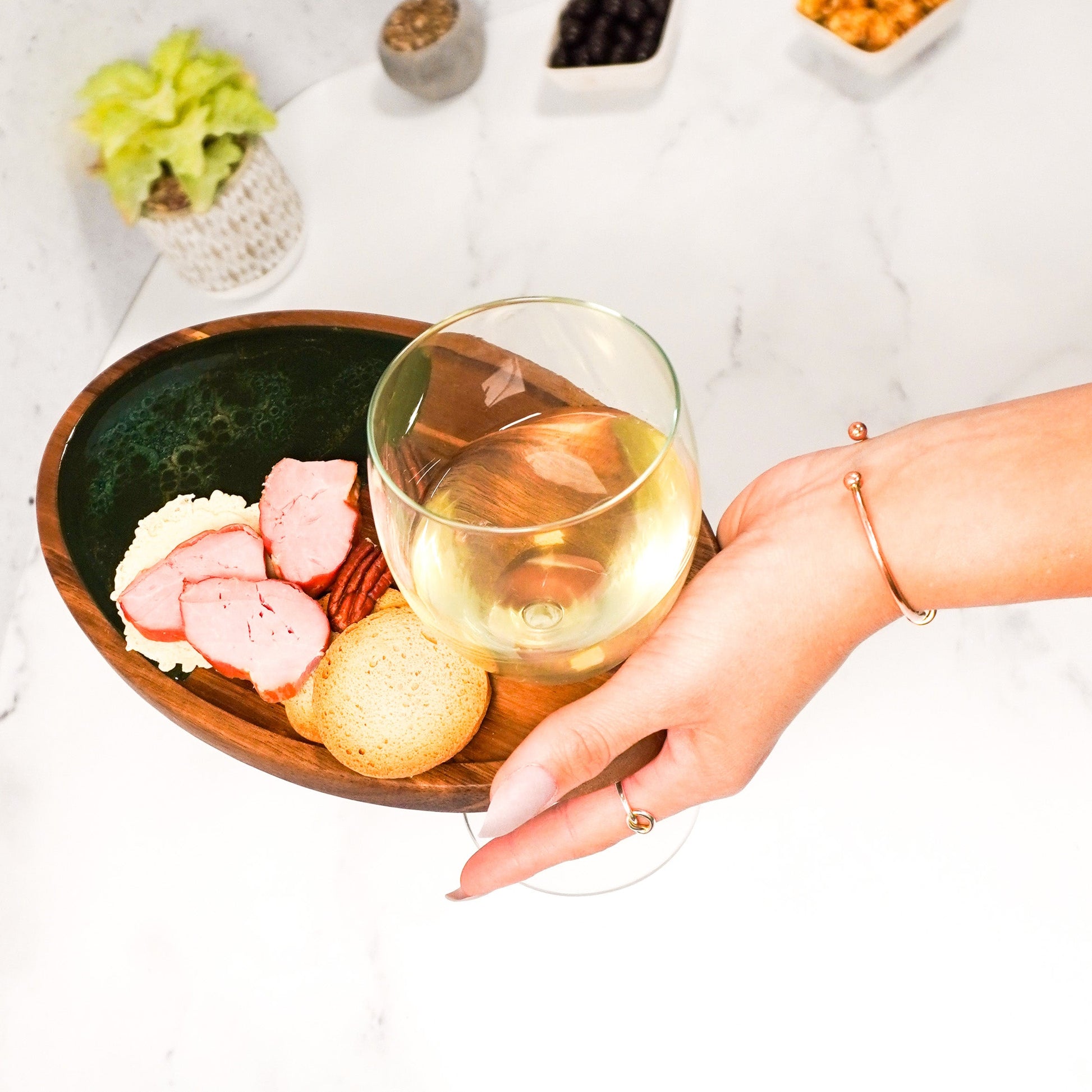 wine and appertizer tray accented with resin