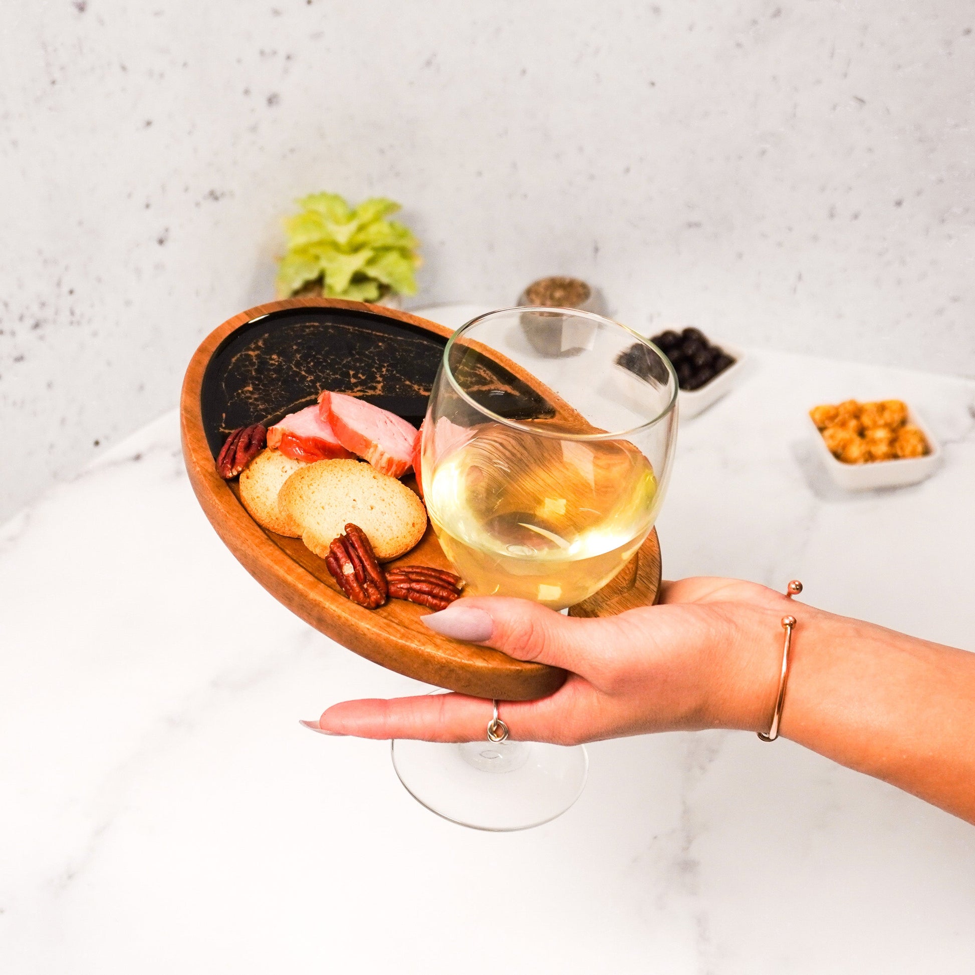 wine and appertizer tray accented with resin