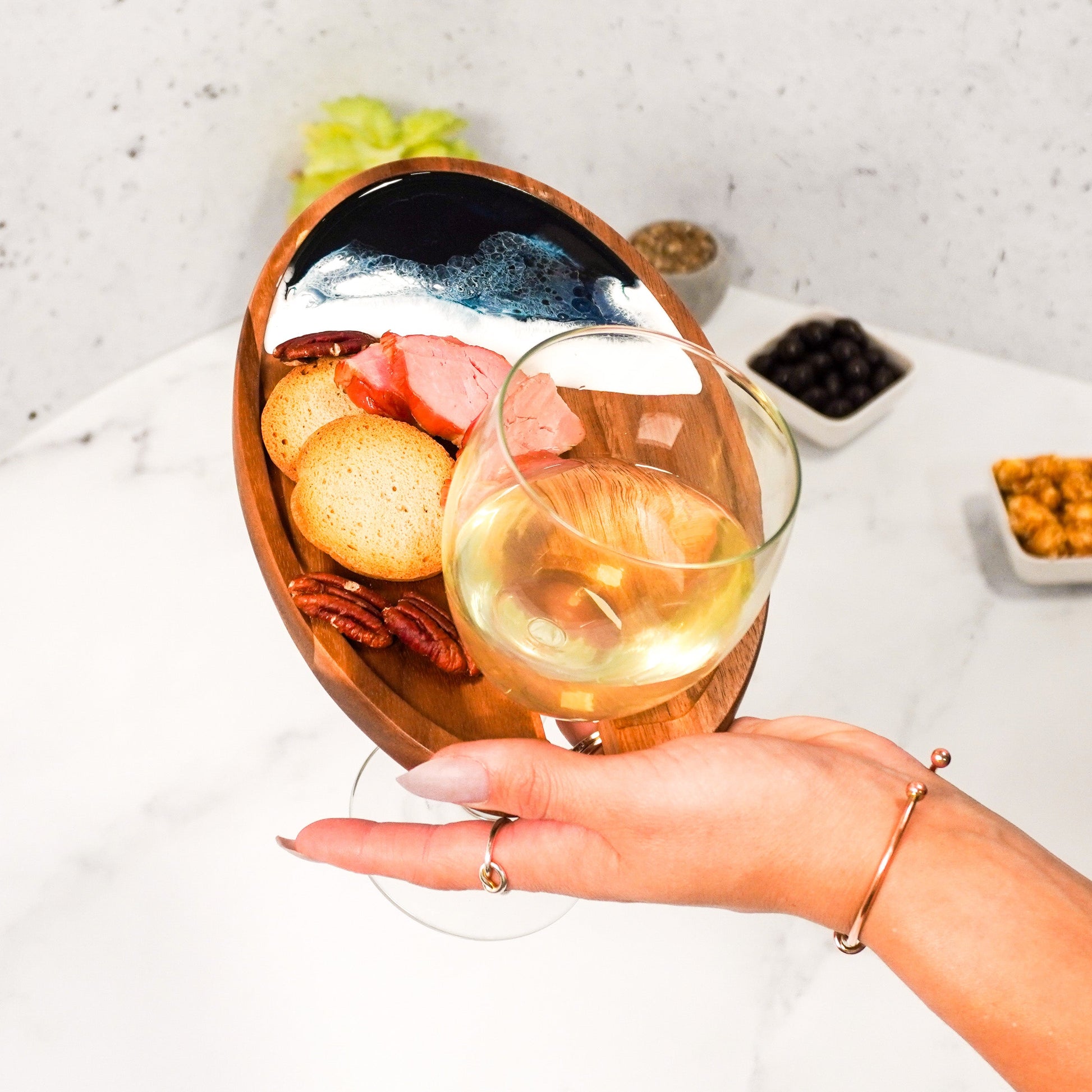 wine and appertizer tray accented with resin