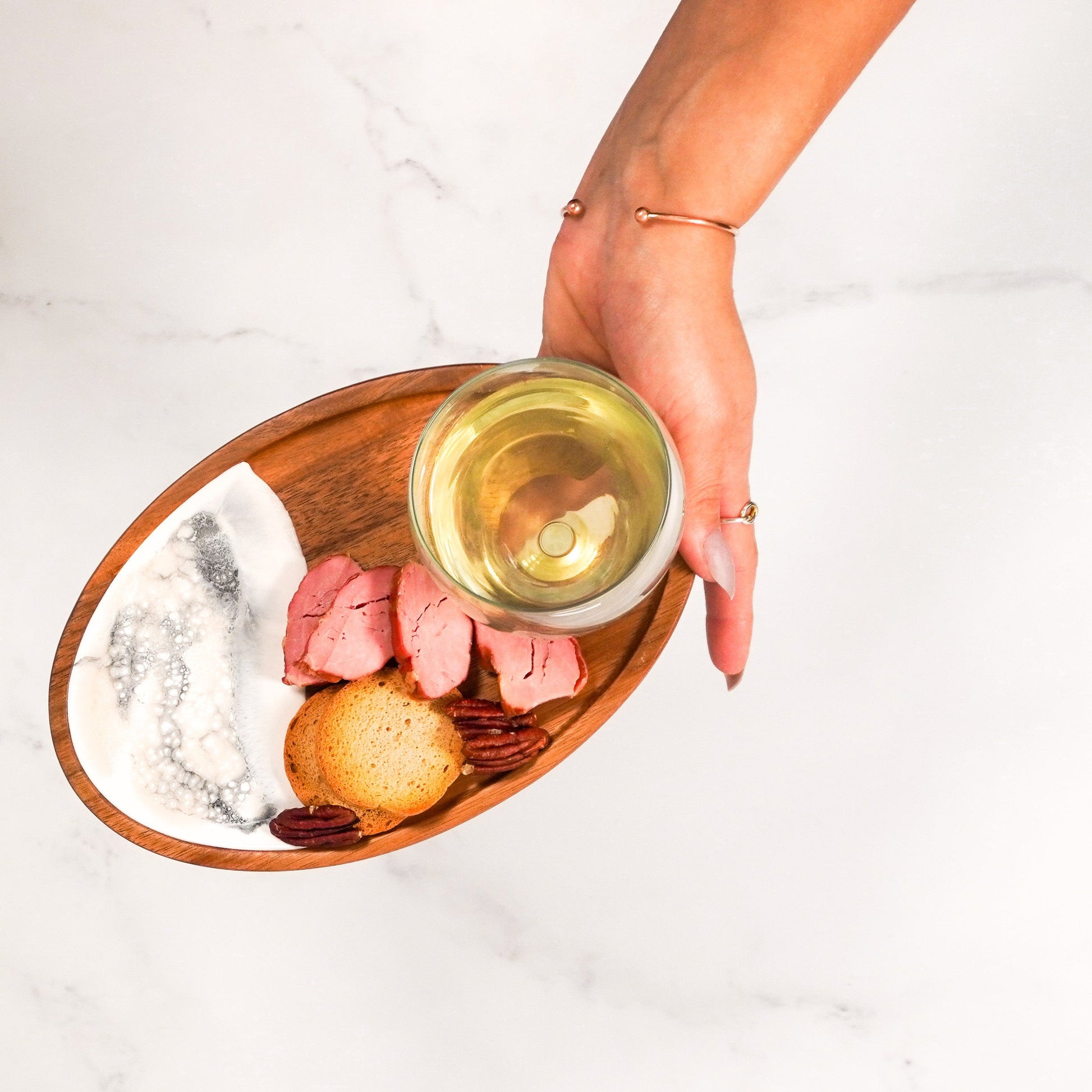 wine and appertizer tray accented with resin