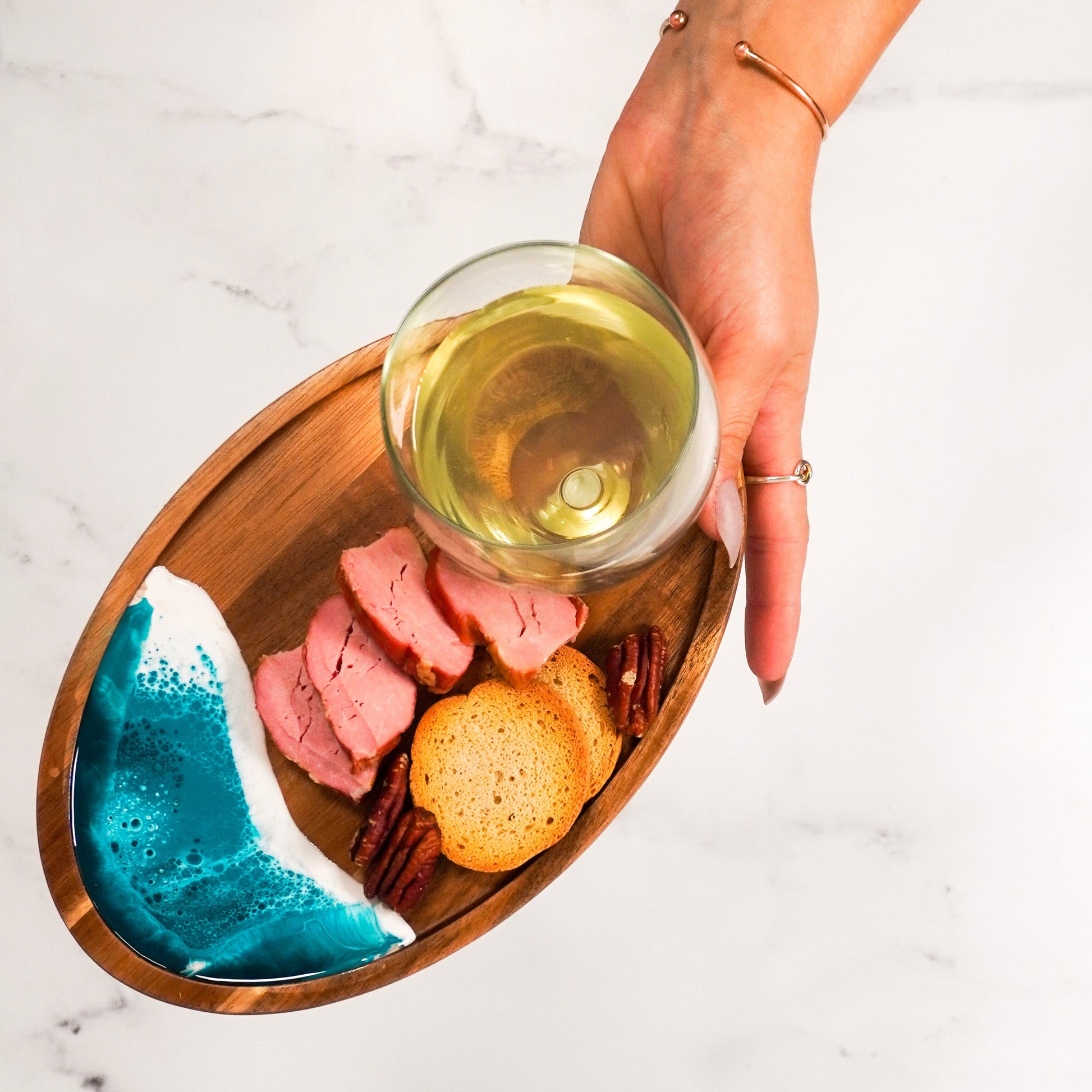 wine and appertizer tray accented with resin