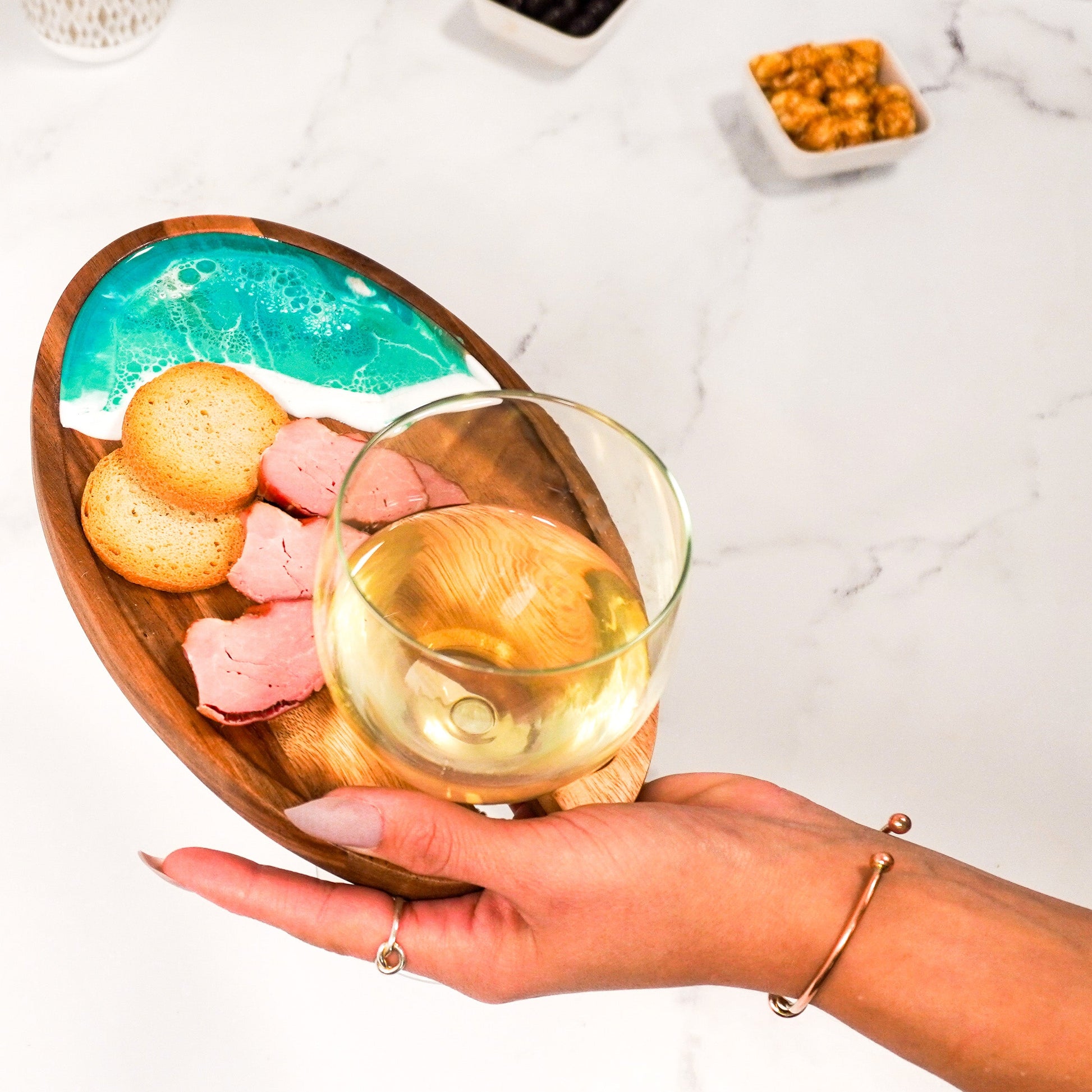 wine and appertizer tray accented with resin