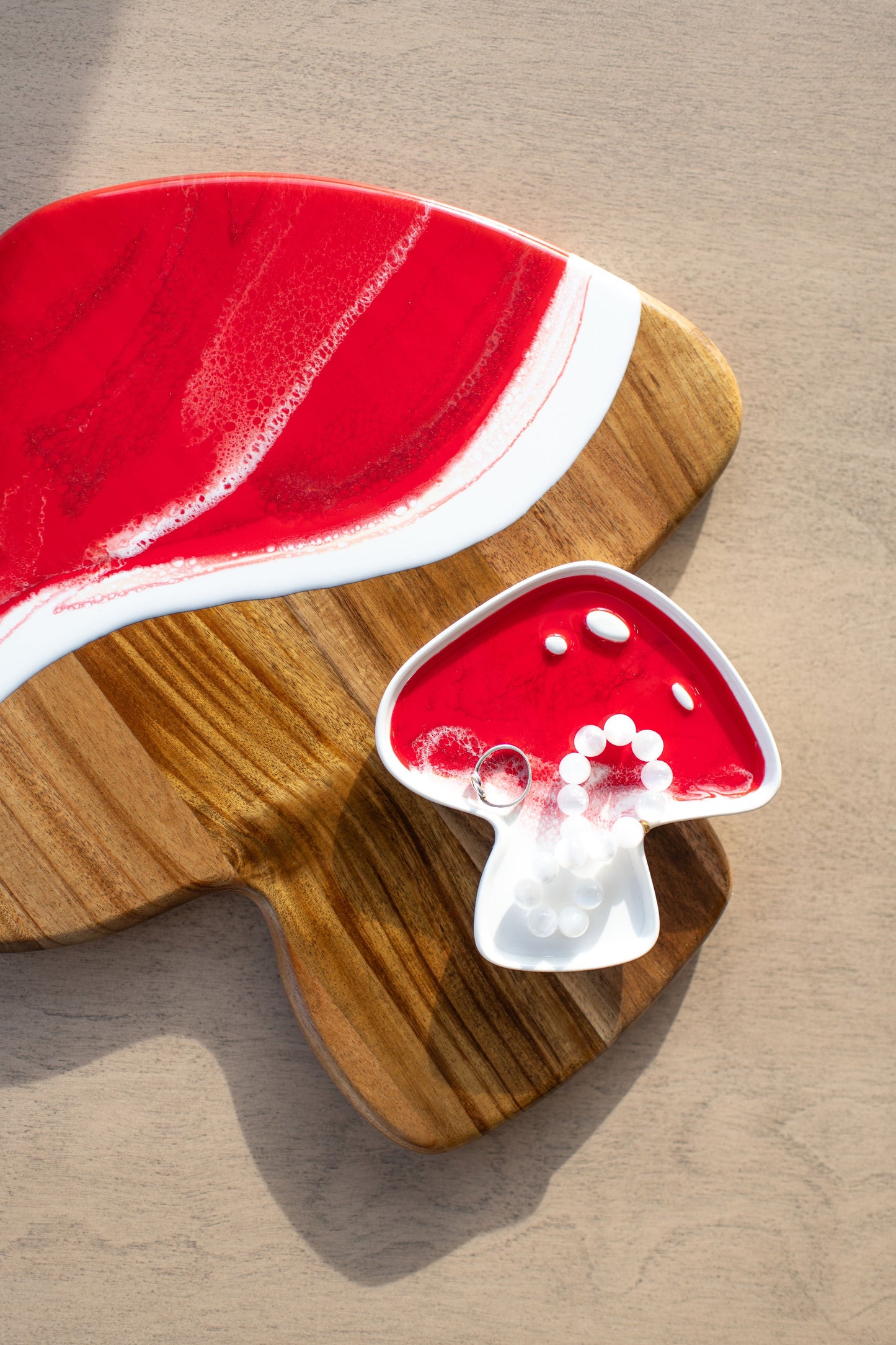 NEW!!! Mushroom Shaped Acacia Cheese Board and Ceramic Tray