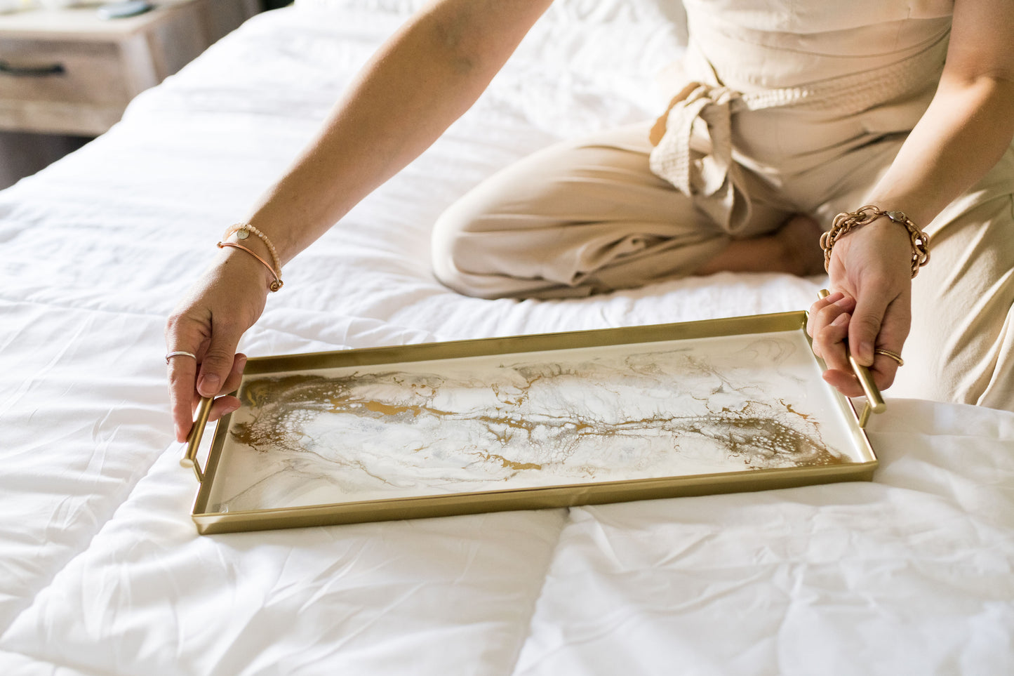 gold rectangle metal tray accented with resin