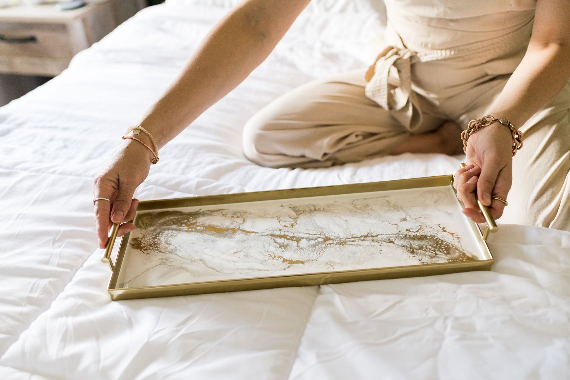 gold rectangle metal tray accented with resin