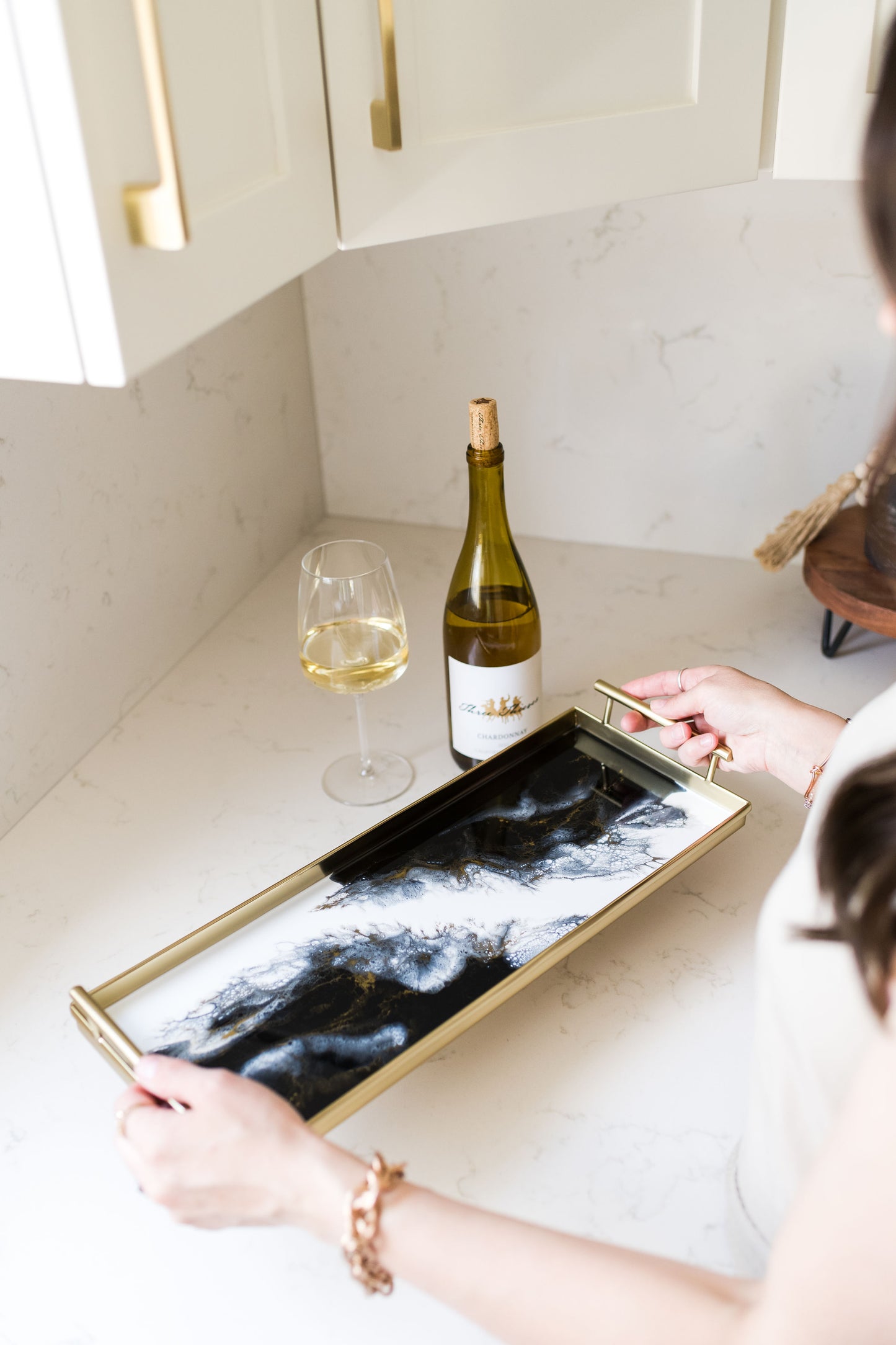 gold rectangle metal tray accented with resin