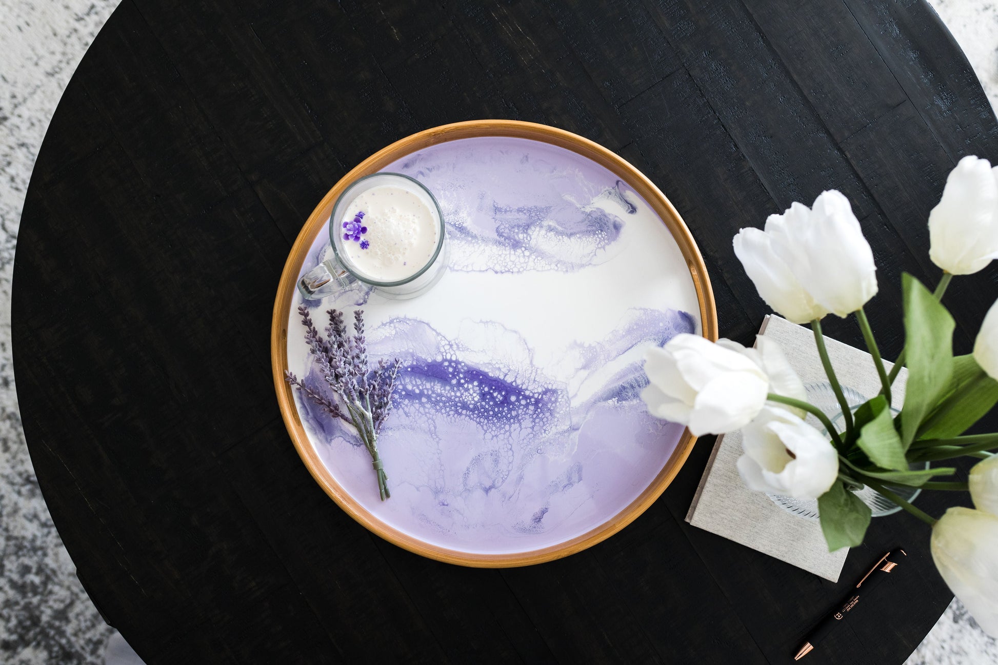 lavender bamboo tray on a coffee table