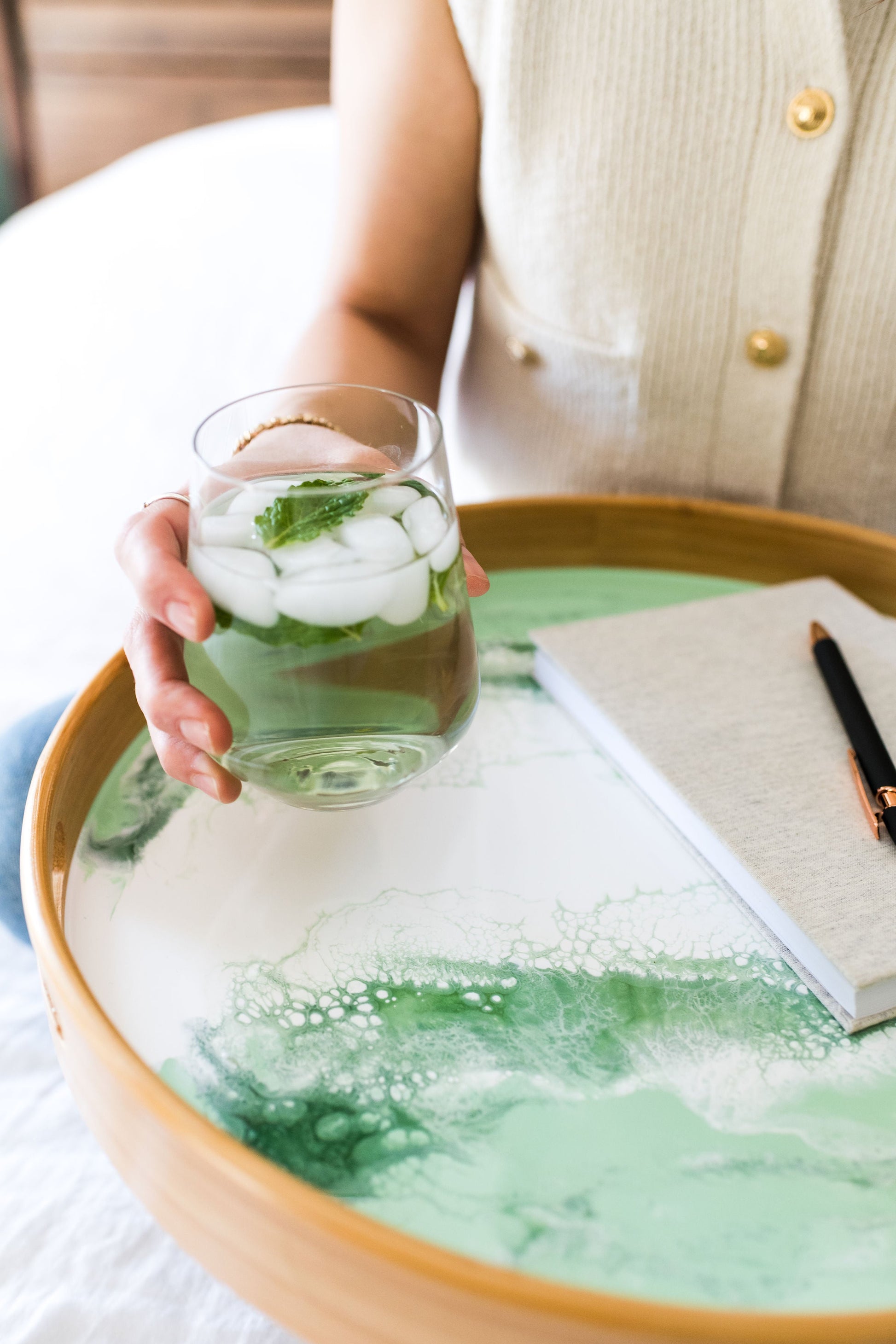close up of a mojito bamboo tray