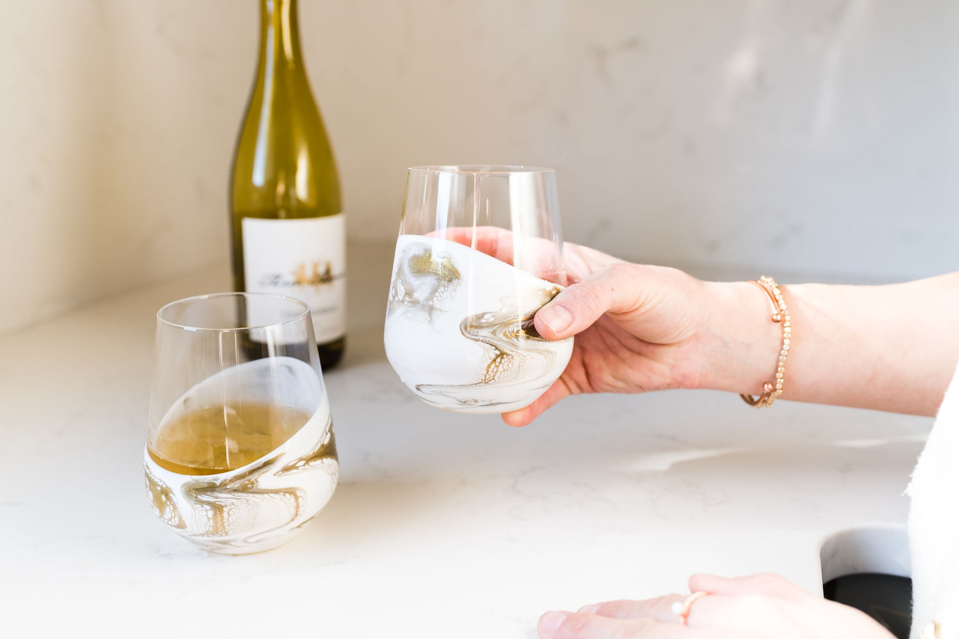 Quartz wine glasses on kitchen counter