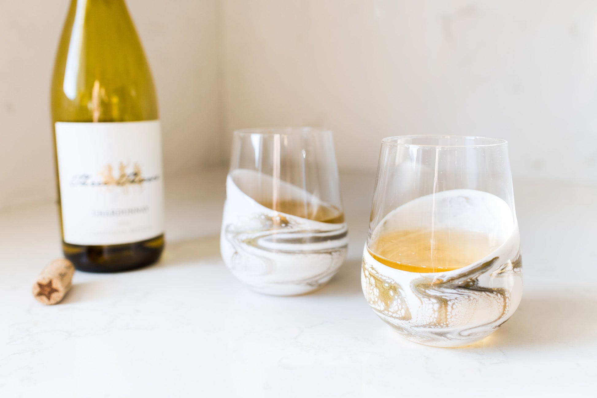 Quartz wine glasses on kitchen counter