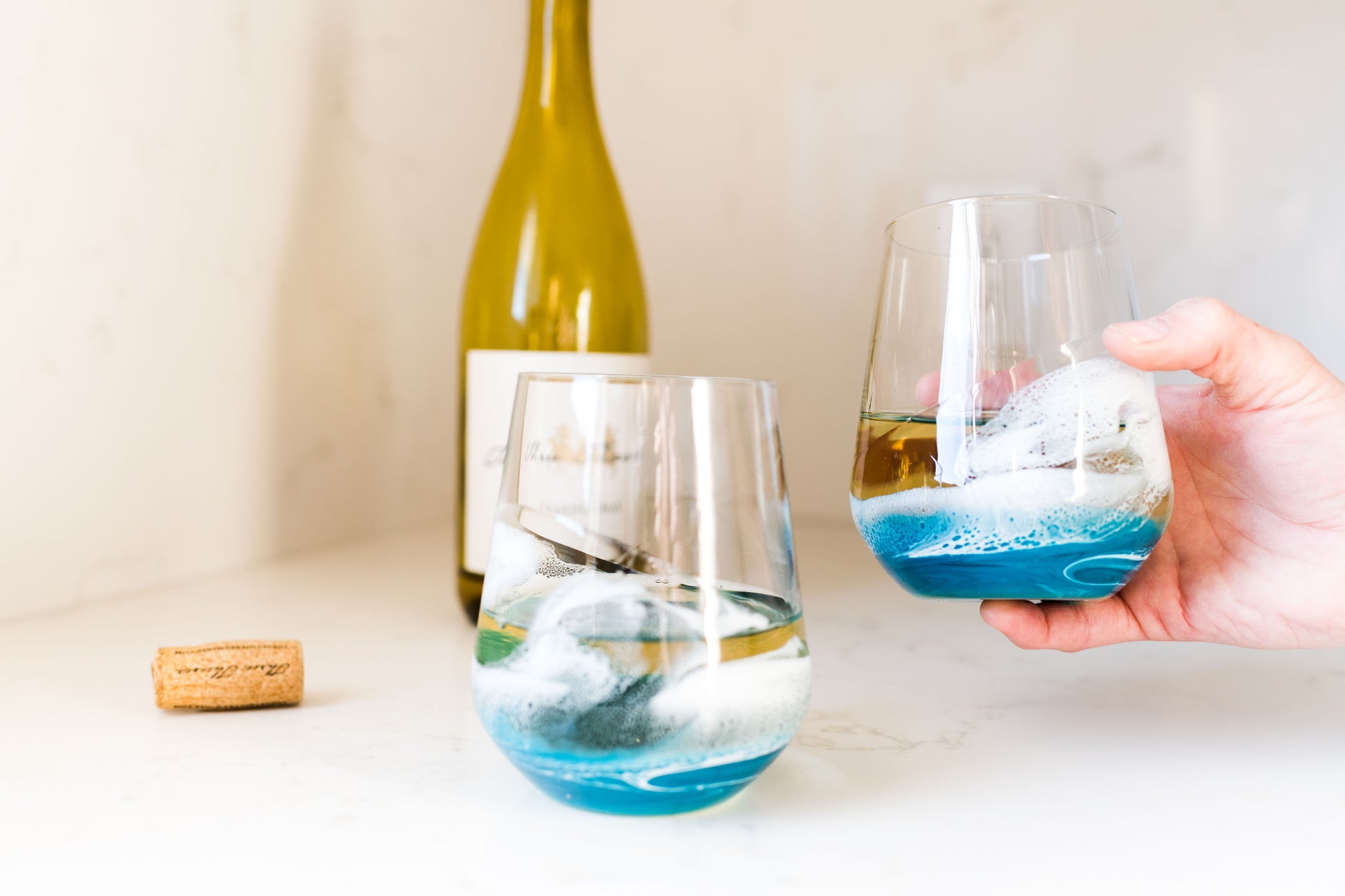 Ocean wine glasses on kitchen table