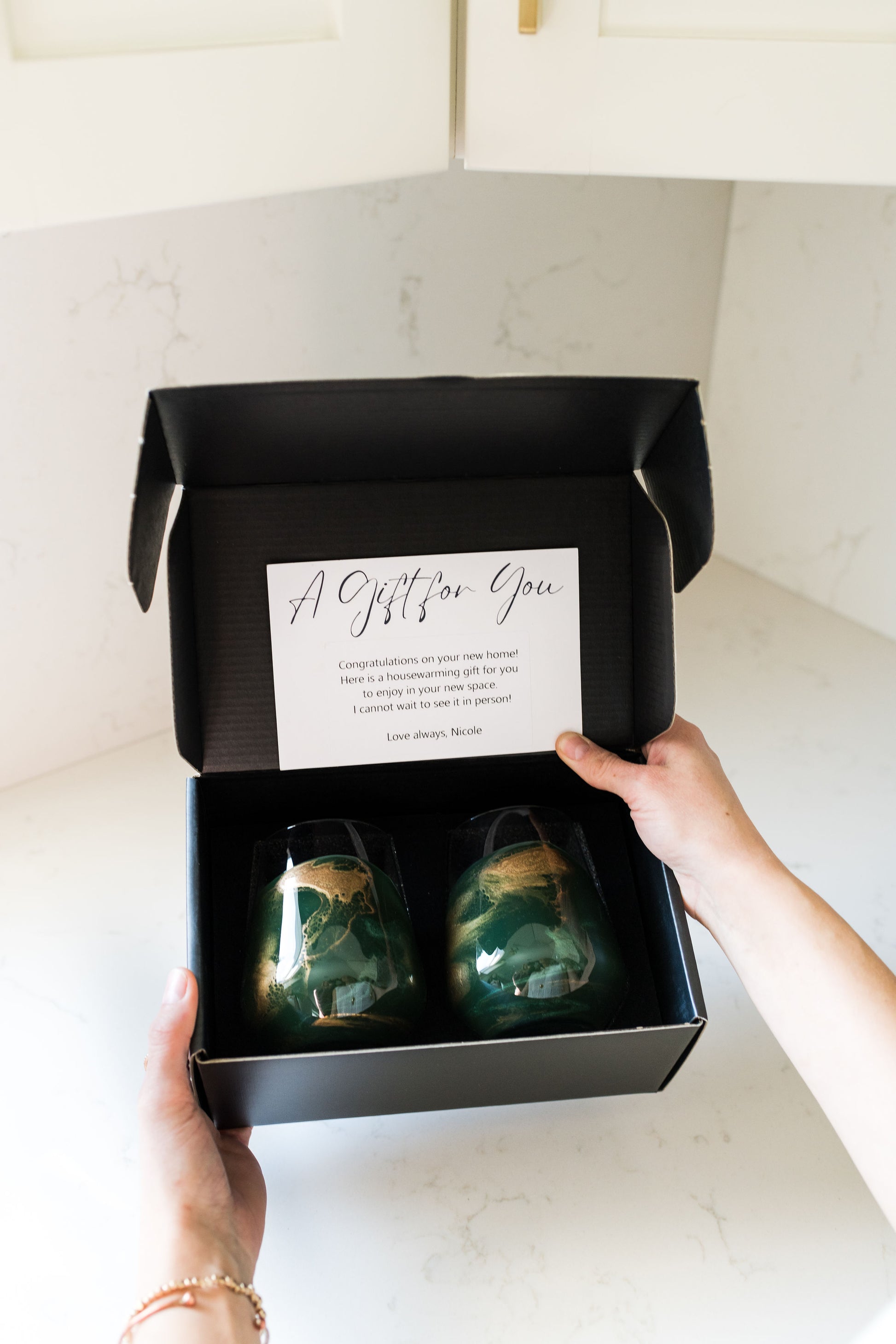 Jade wine glasses in black gift box with giftnote