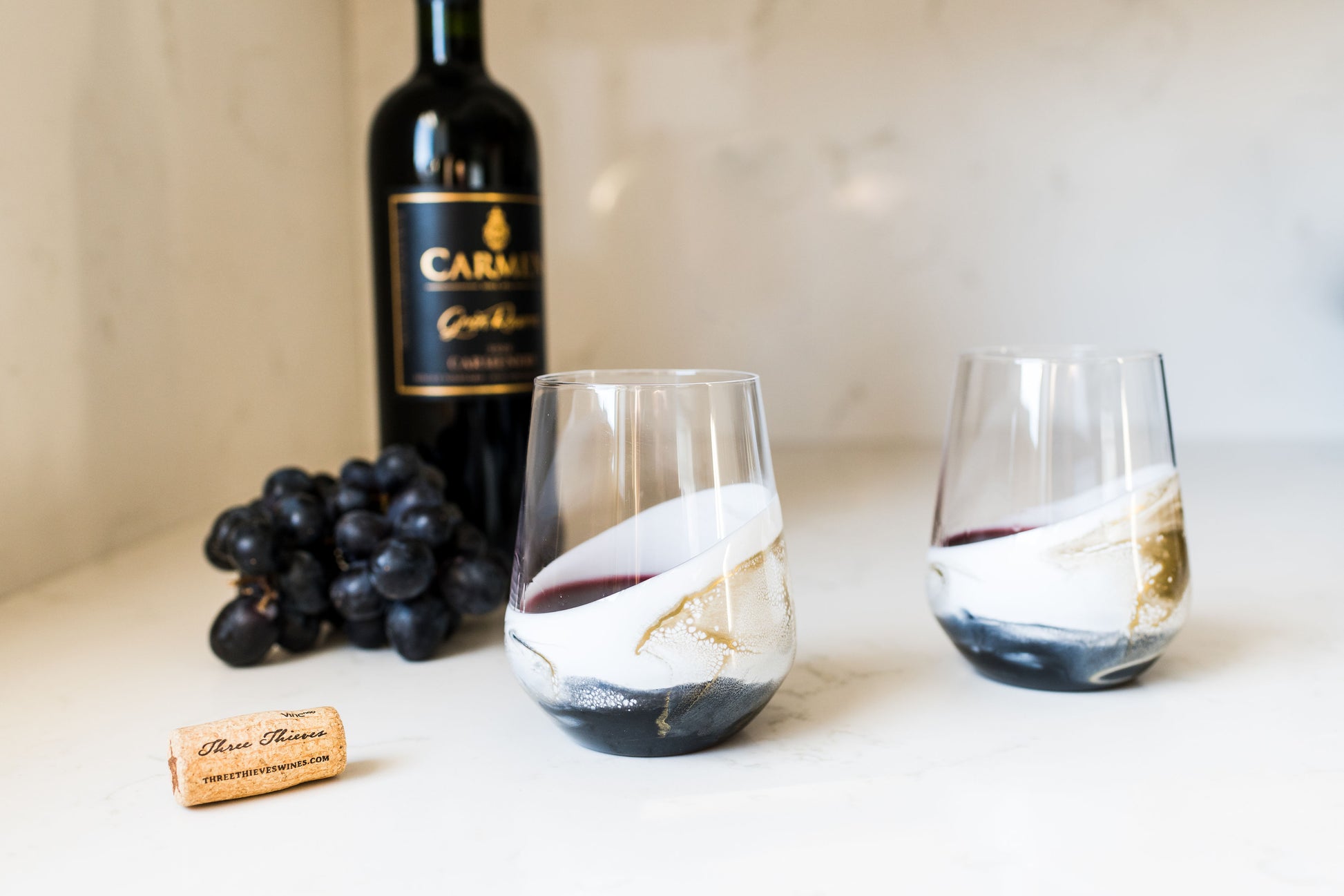 Onyx wine glasses on kitchen counter