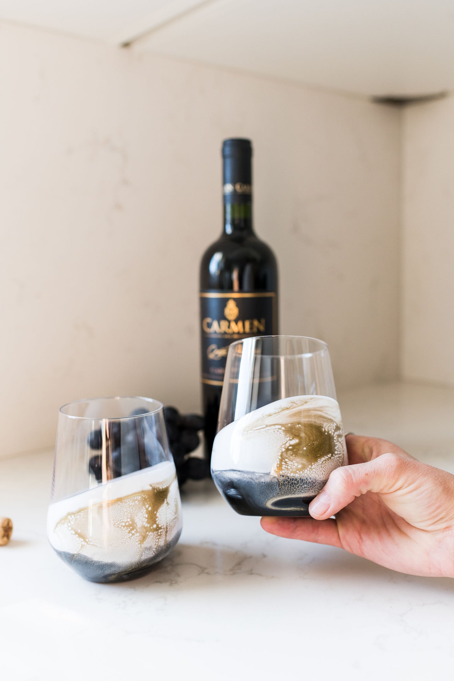 Onyx wine glasses on kitchen counter