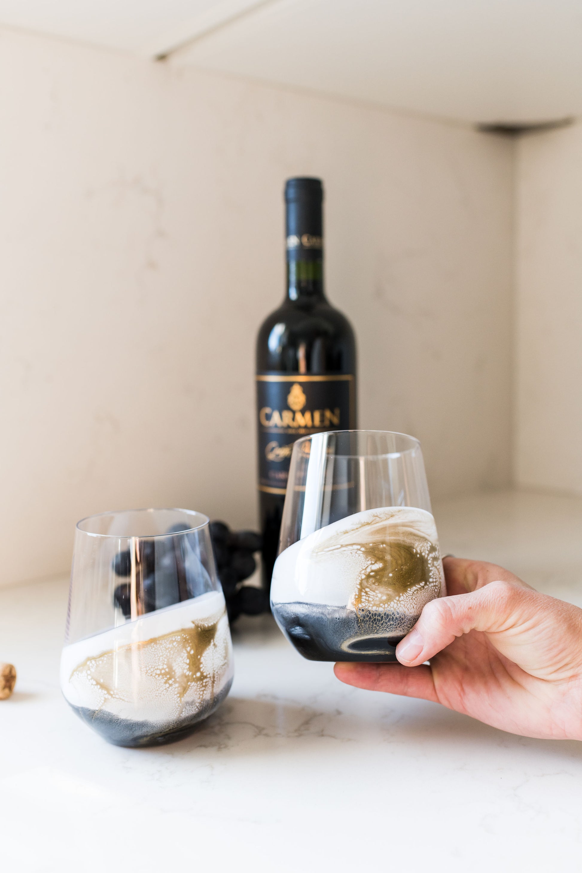 Onyx wine glasses on kitchen counter