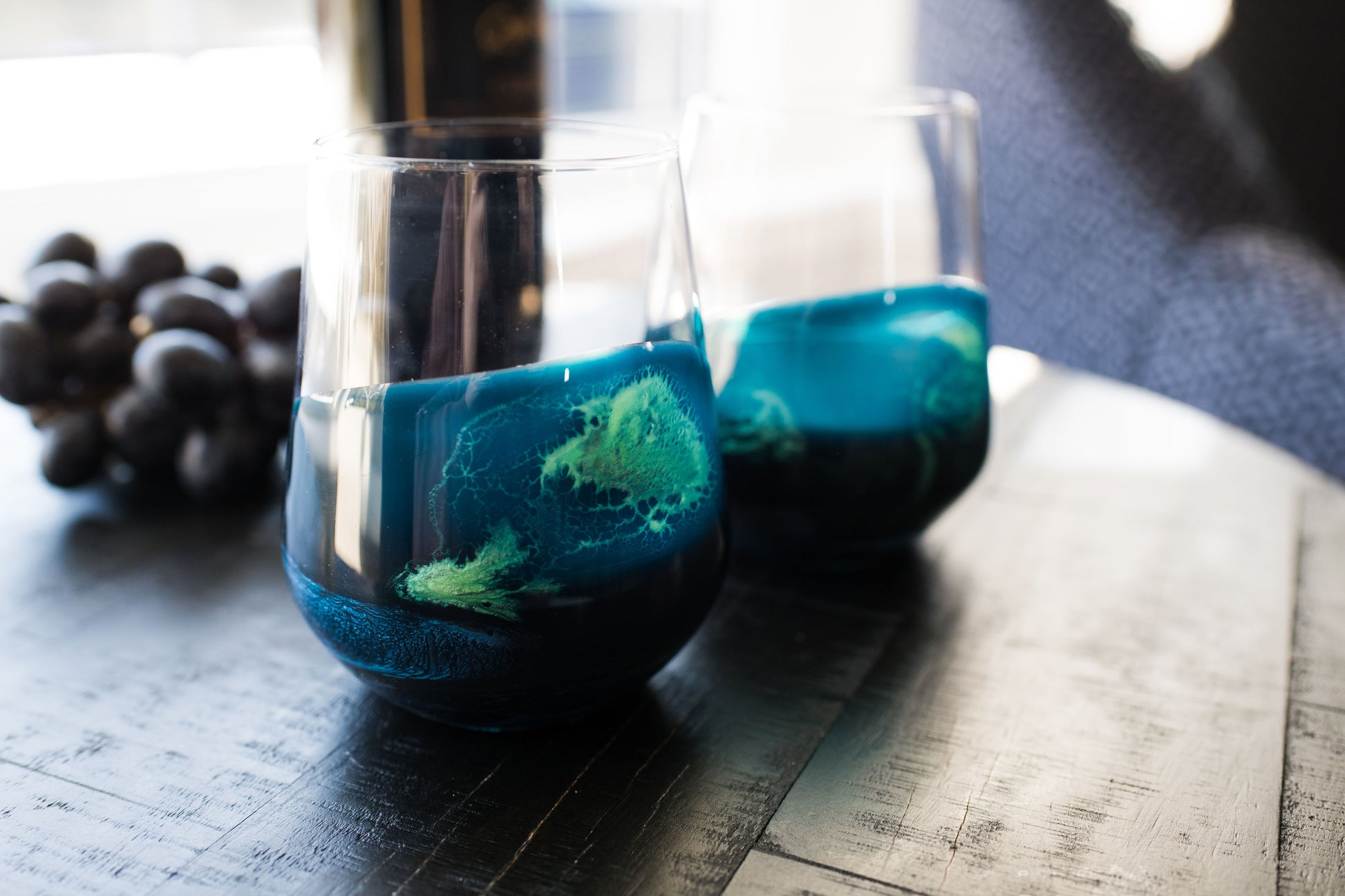 Northern Lights wine glasses  on coffee table