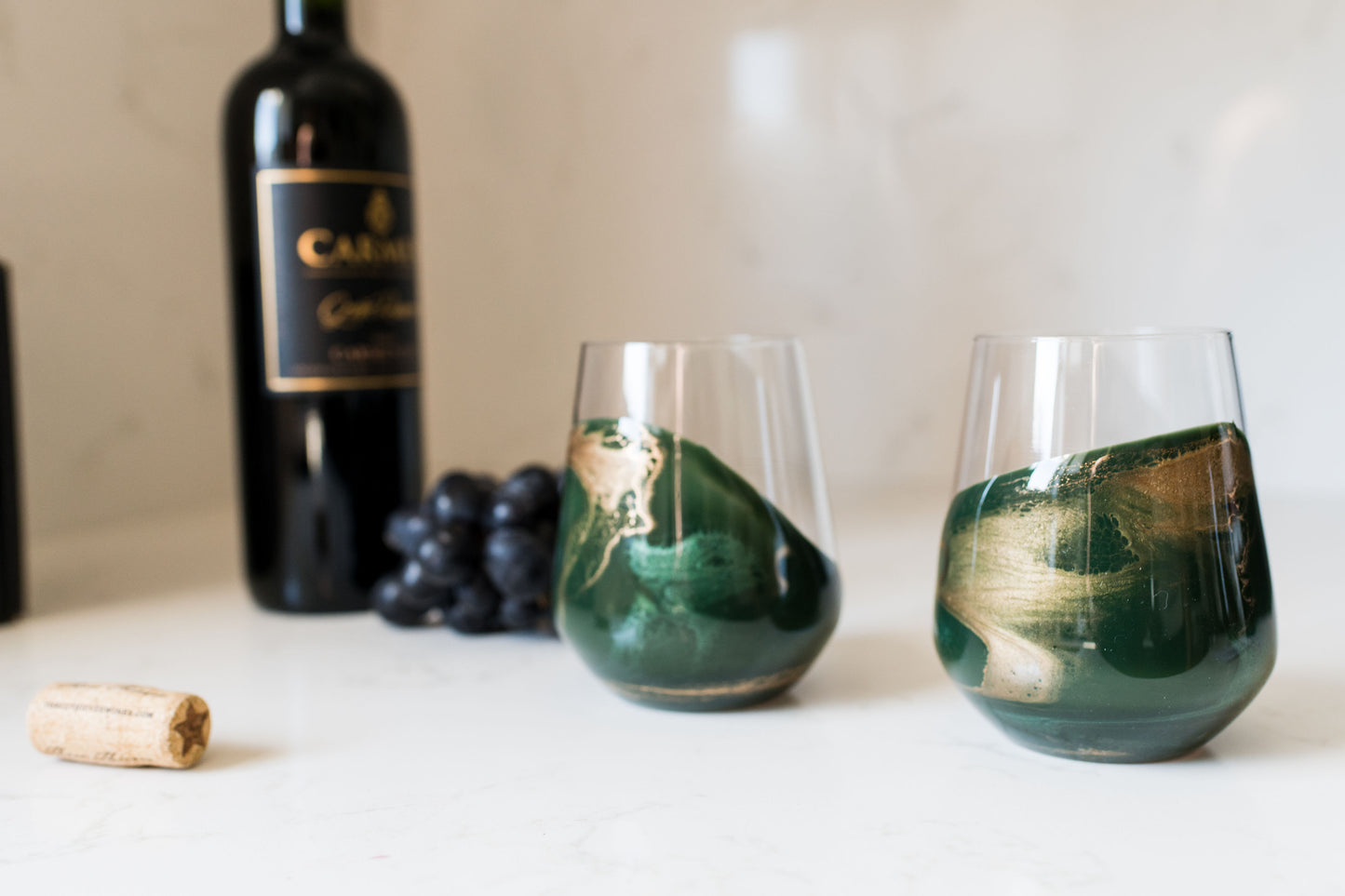 Jade wine glasses on kitchen counter