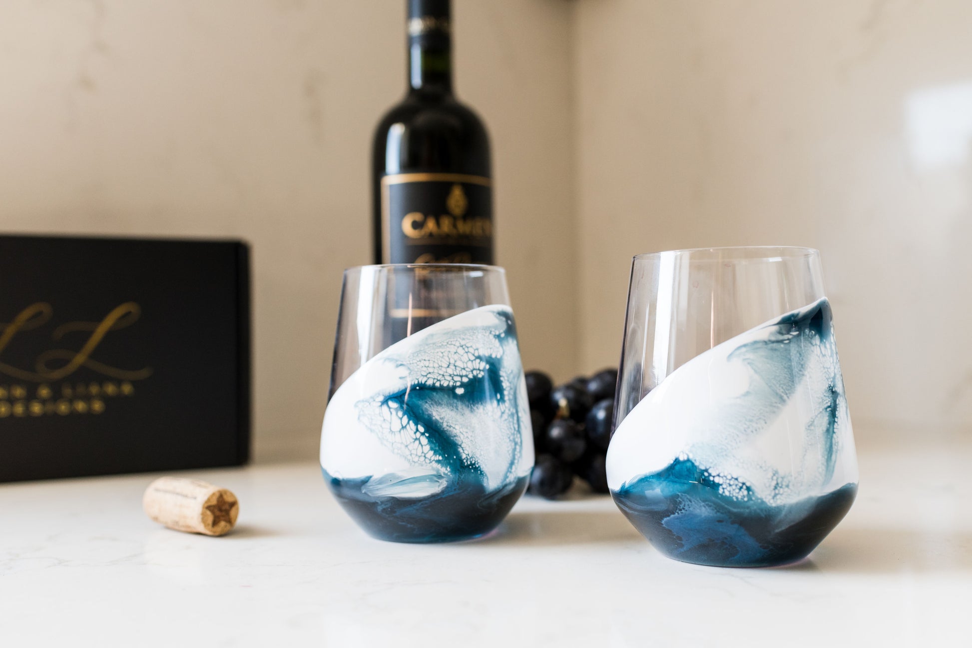 Navy wine glasses on kitchen table