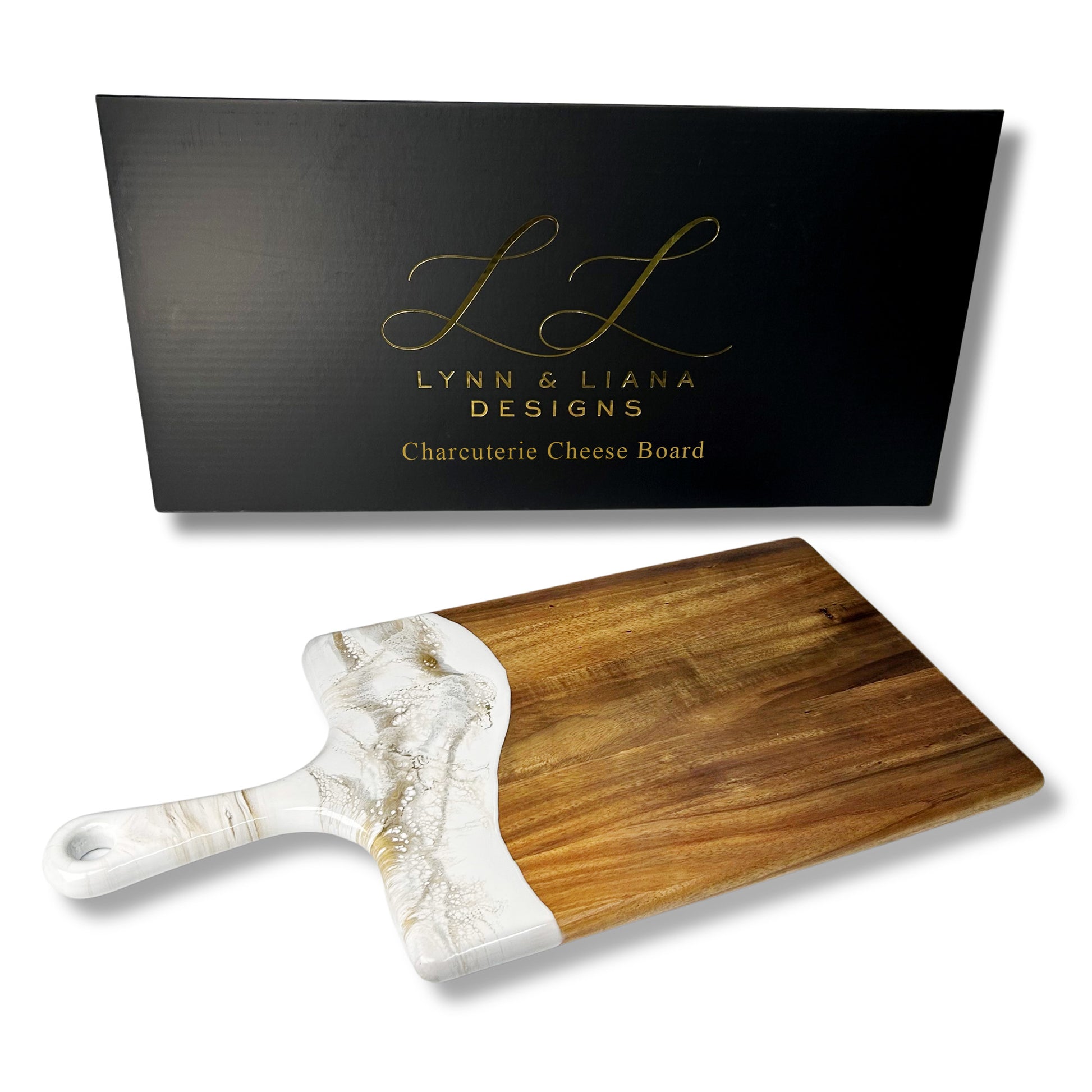 large acacia cheese board accented with resin