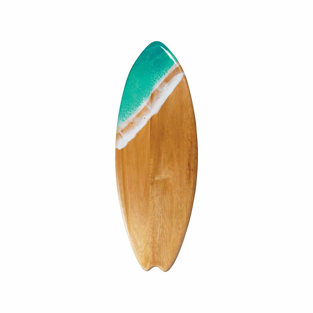 surfboard shaped charchuterie board accented with resin
