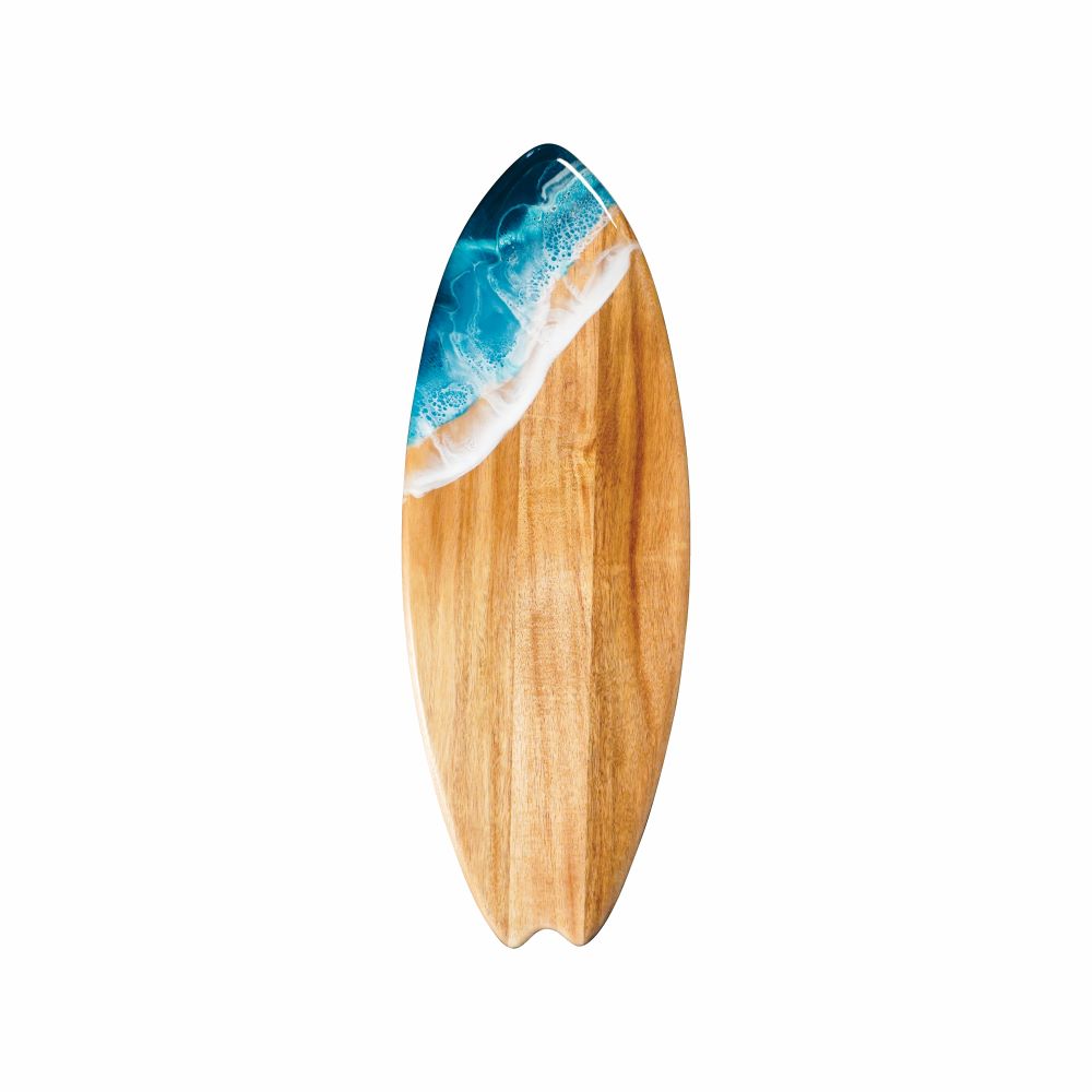 surfboard shaped charchuterie board accented with resin