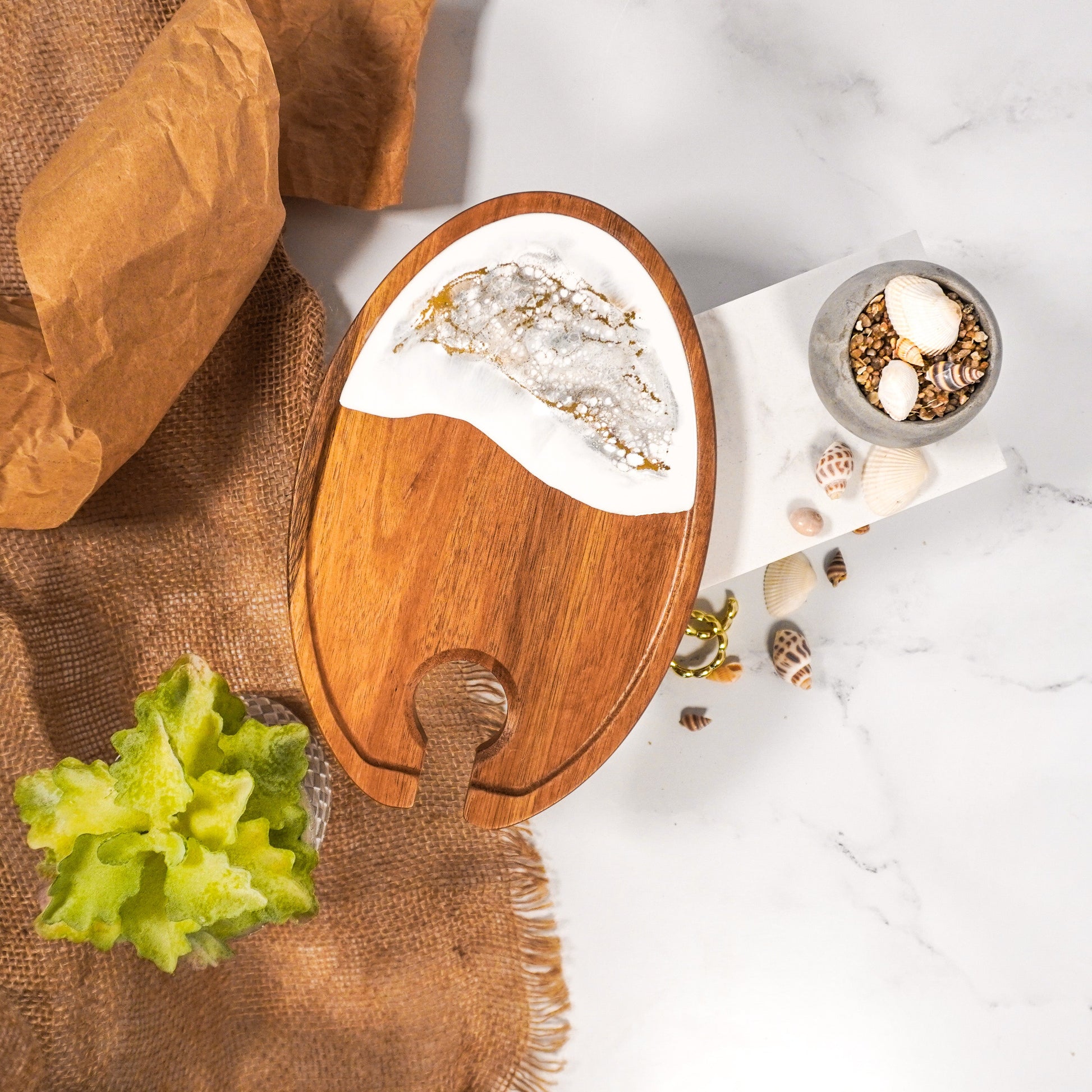 wine and appertizer tray accented with resin