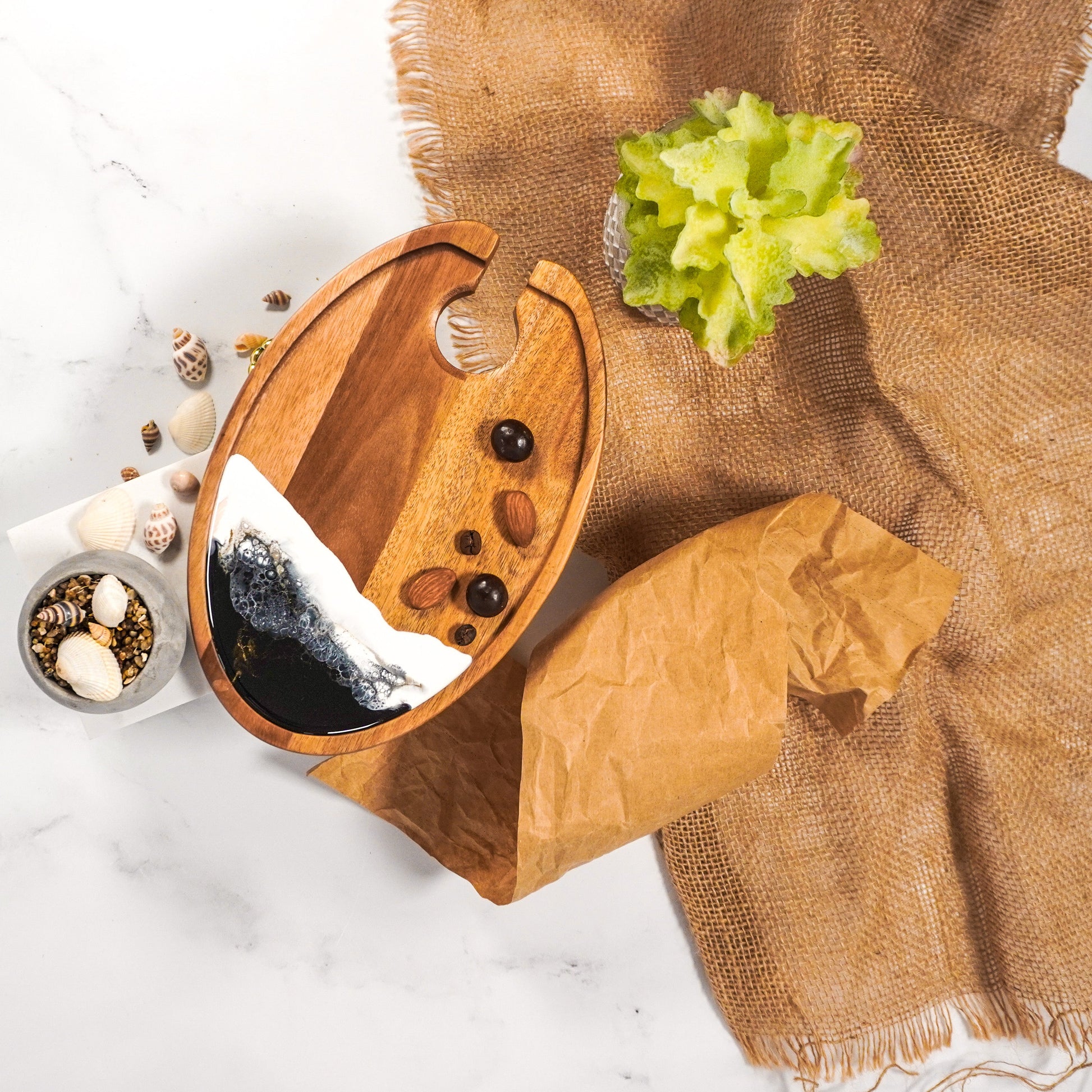 wine and appertizer tray accented with resin