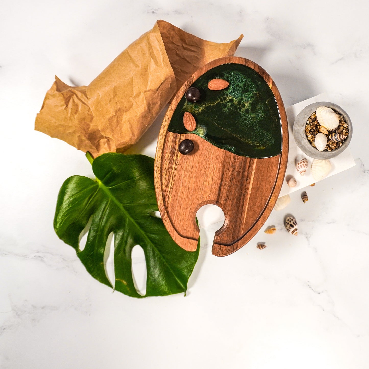 wine and appertizer tray accented with resin