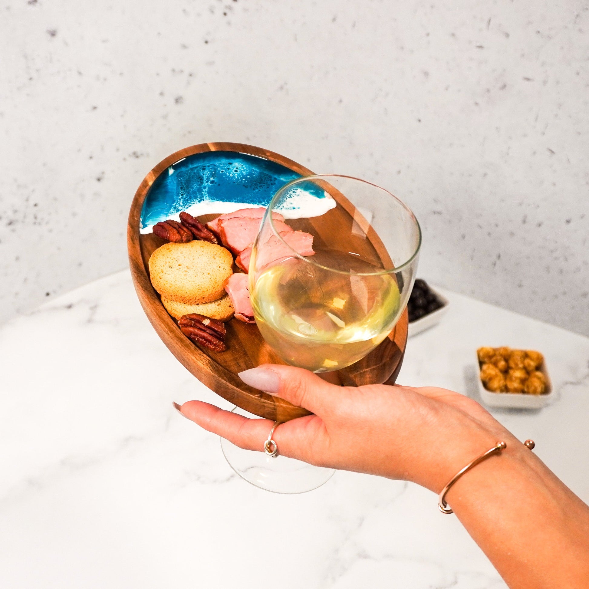 wine and appertizer tray accented with resin